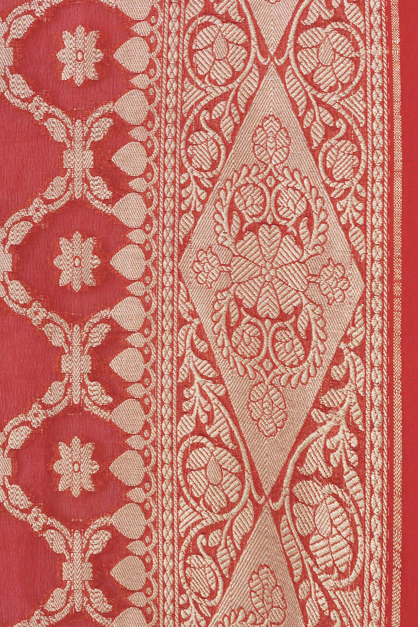Border image of Red Dual Tone Banarasi Georgette Saree with Zari Brocade on the body and Zari Border. 