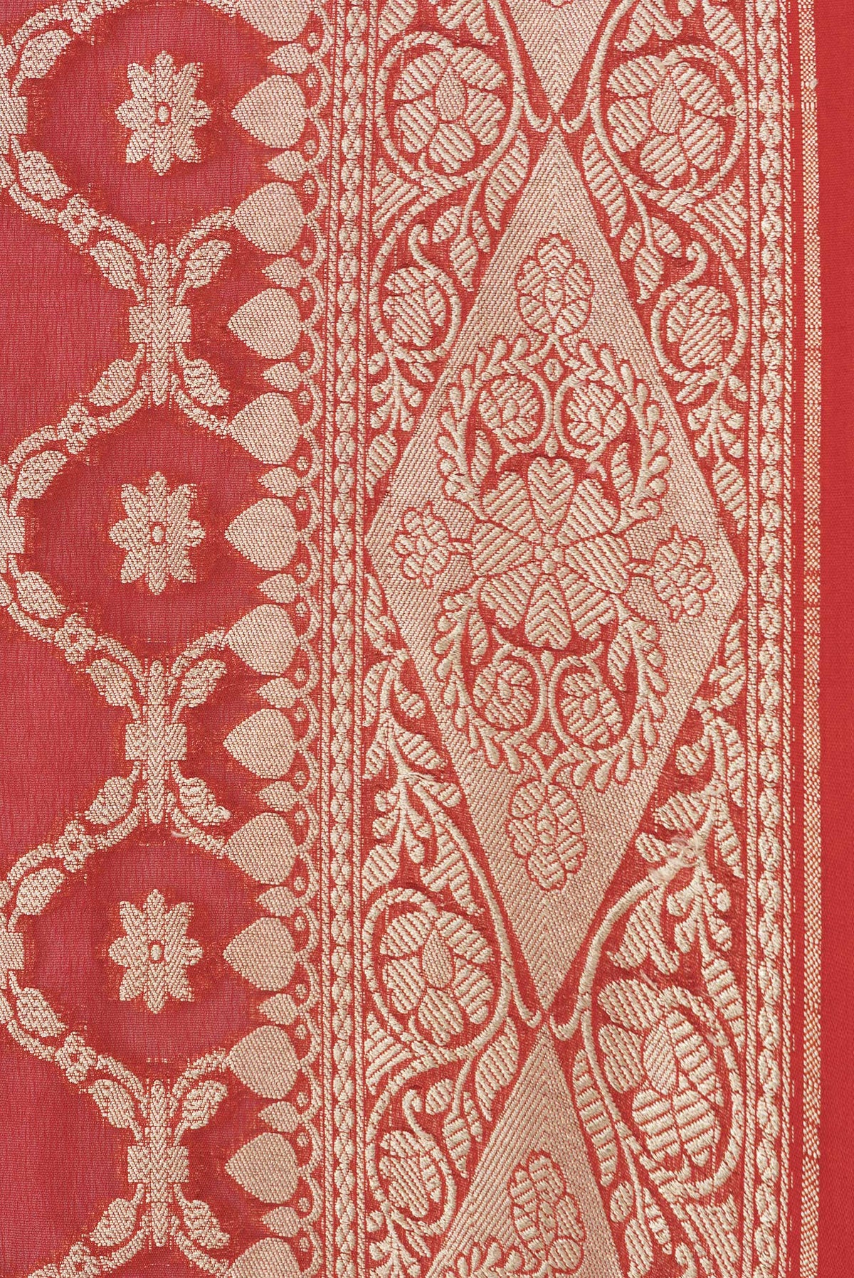 Border image of Red Dual Tone Banarasi Georgette Saree with Zari Brocade on the body and Zari Border. 