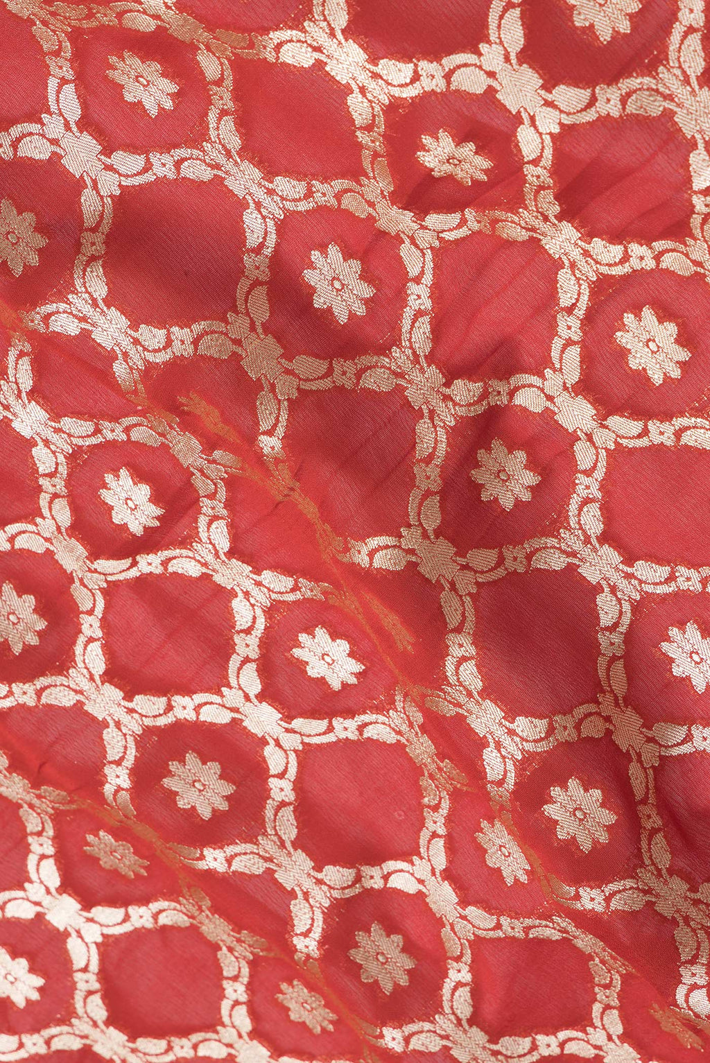 Close up of Red Dual Tone Banarasi Georgette Saree with Zari Brocade on the body and Zari Border.  displaying folds