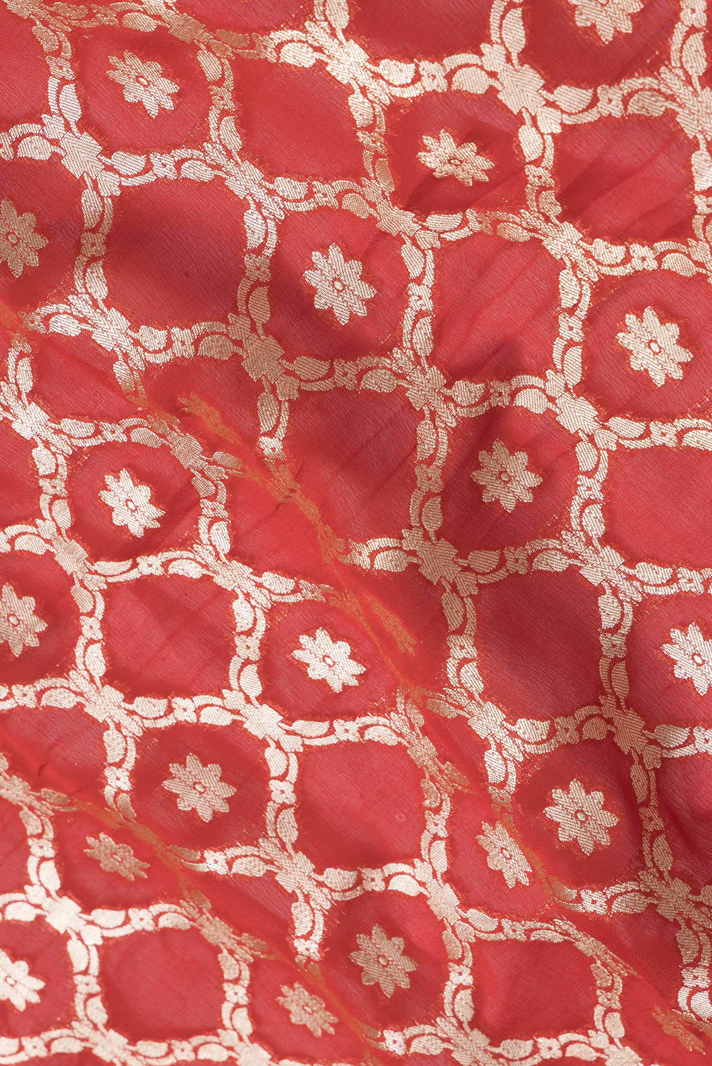 Close up of Red Dual Tone Banarasi Georgette Saree with Zari Brocade on the body and Zari Border.  displaying folds