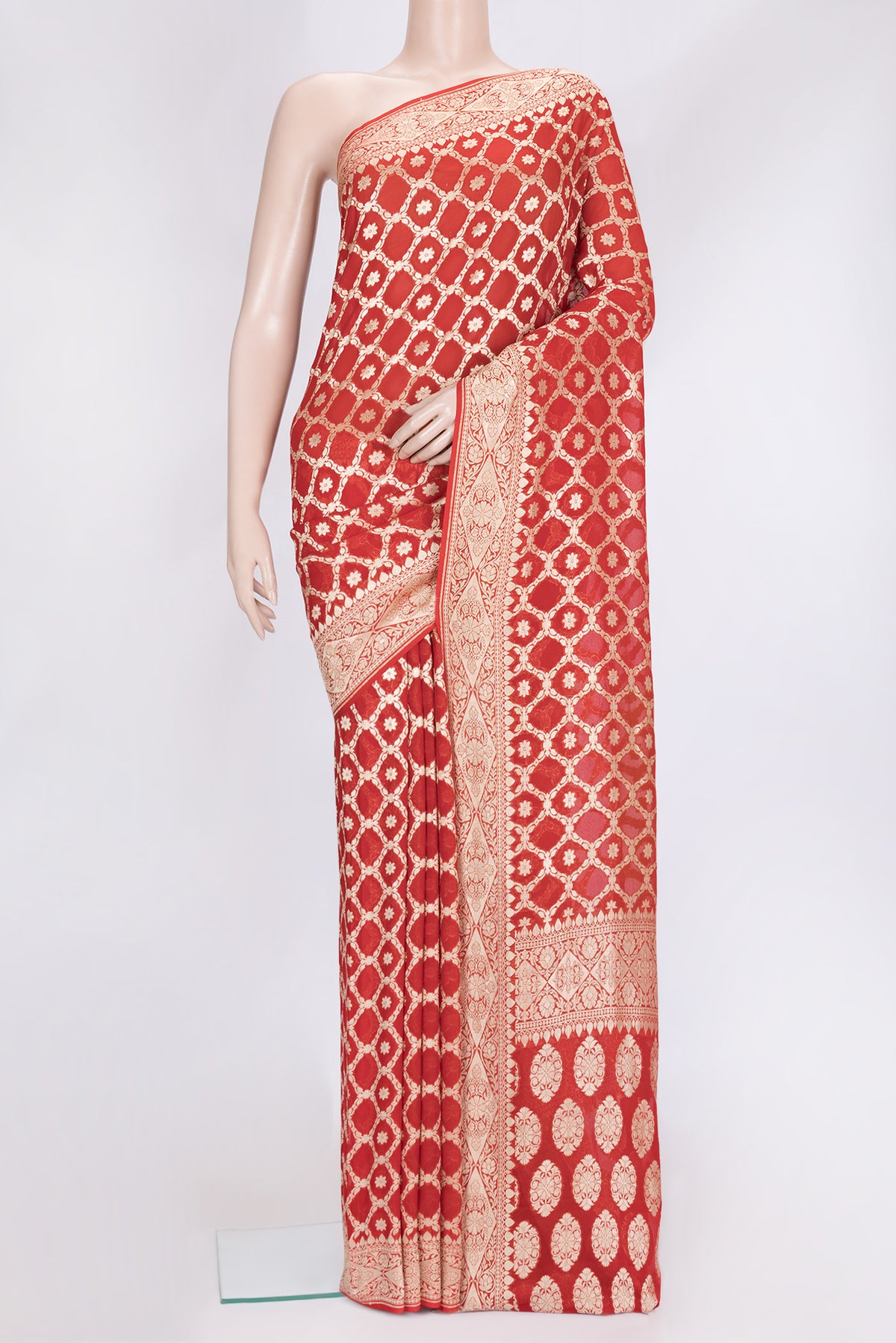 Red Dual Tone Banarasi Georgette Saree with Zari Brocade on the body and Zari Border.  displayed on a mannequin