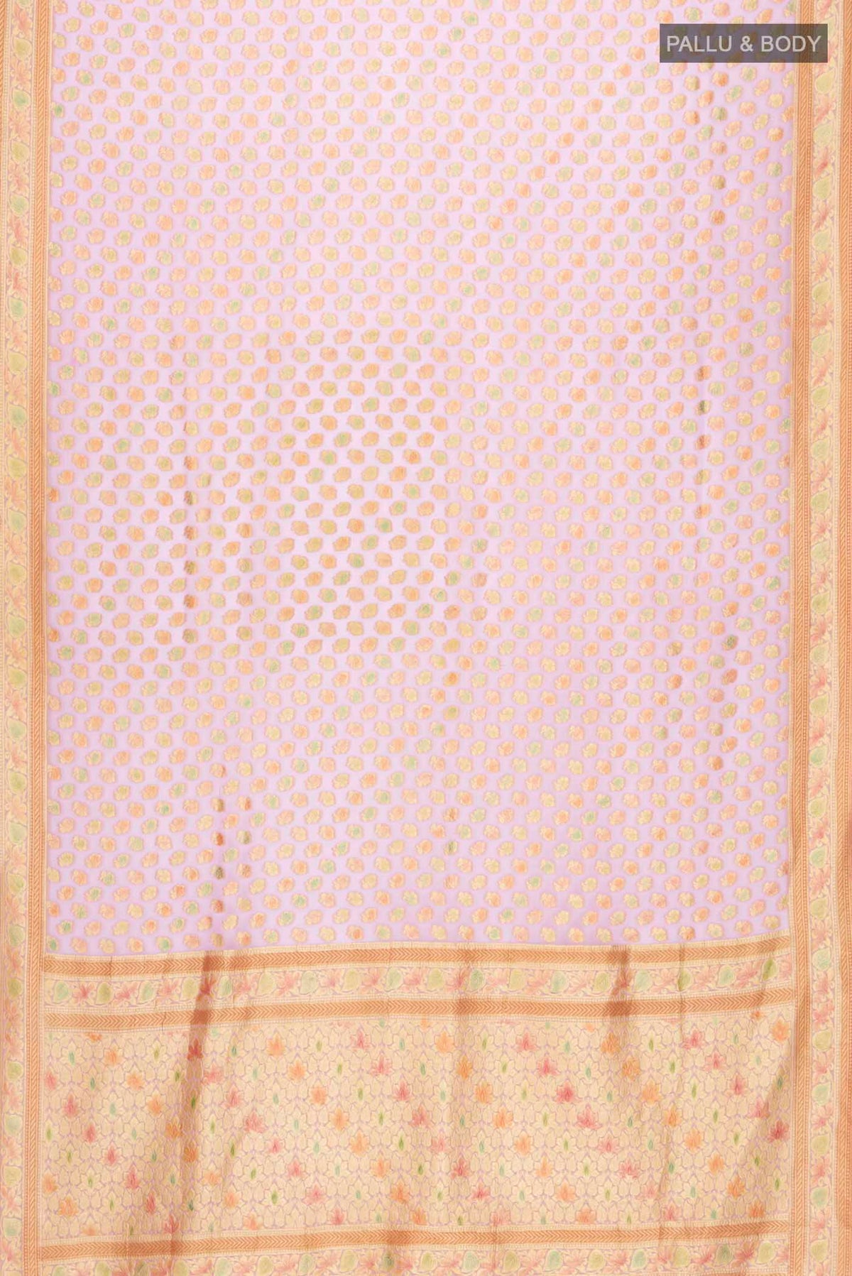 Flat view of Lavender Banarasi Georgette Saree with Zari Butta on the body and Zari Border
