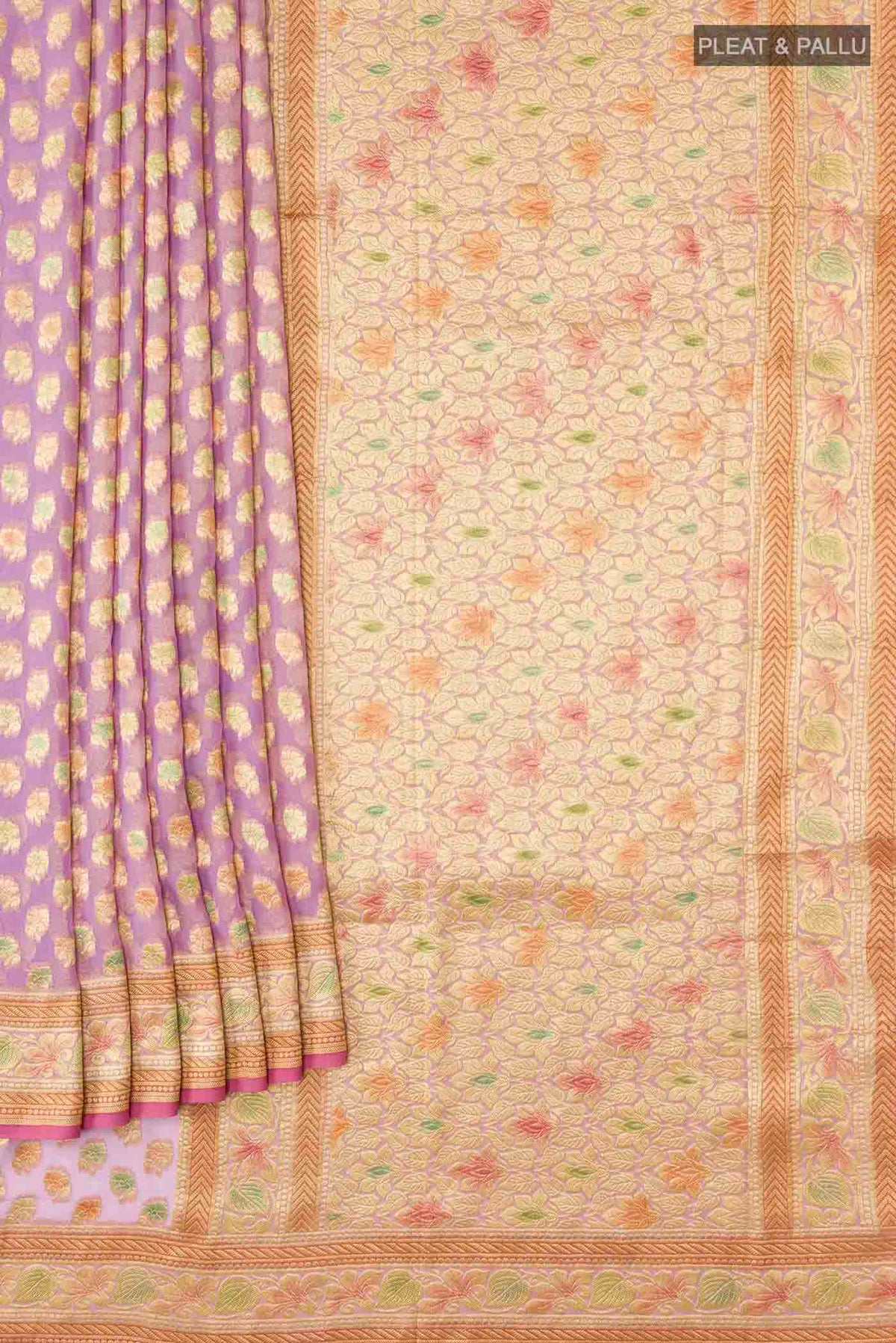 Pleats and pallu of Lavender Banarasi Georgette Saree with Zari Butta on the body and Zari Border