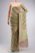 Green Banarasi Georgette Saree with Stripes on the body and Zari Border displayed on a mannequin