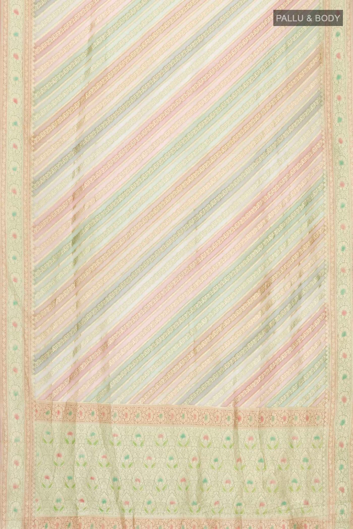 Flat view of Green Banarasi Georgette Saree with Stripes on the body and Zari Border