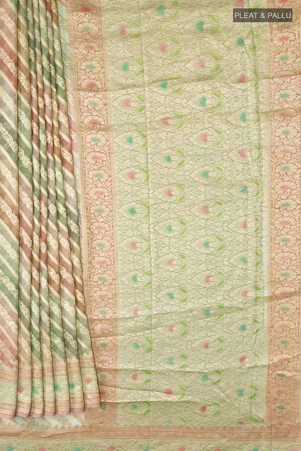 Pleats and pallu of Green Banarasi Georgette Saree with Stripes on the body and Zari Border