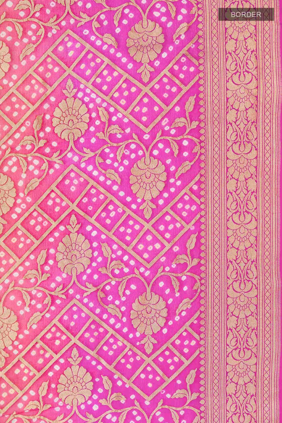 Border image of Rani Pink Banarasi Georgette Saree with Zari Butta on the body and Zari Border
