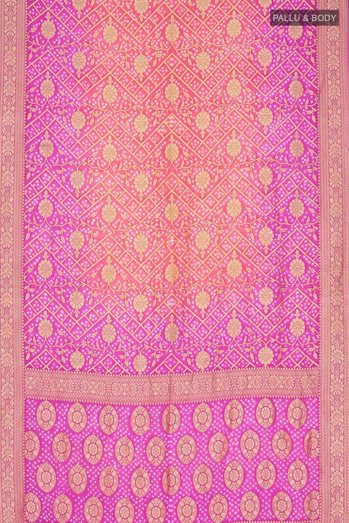Flat view of Rani Pink Banarasi Georgette Saree with Zari Butta on the body and Zari Border