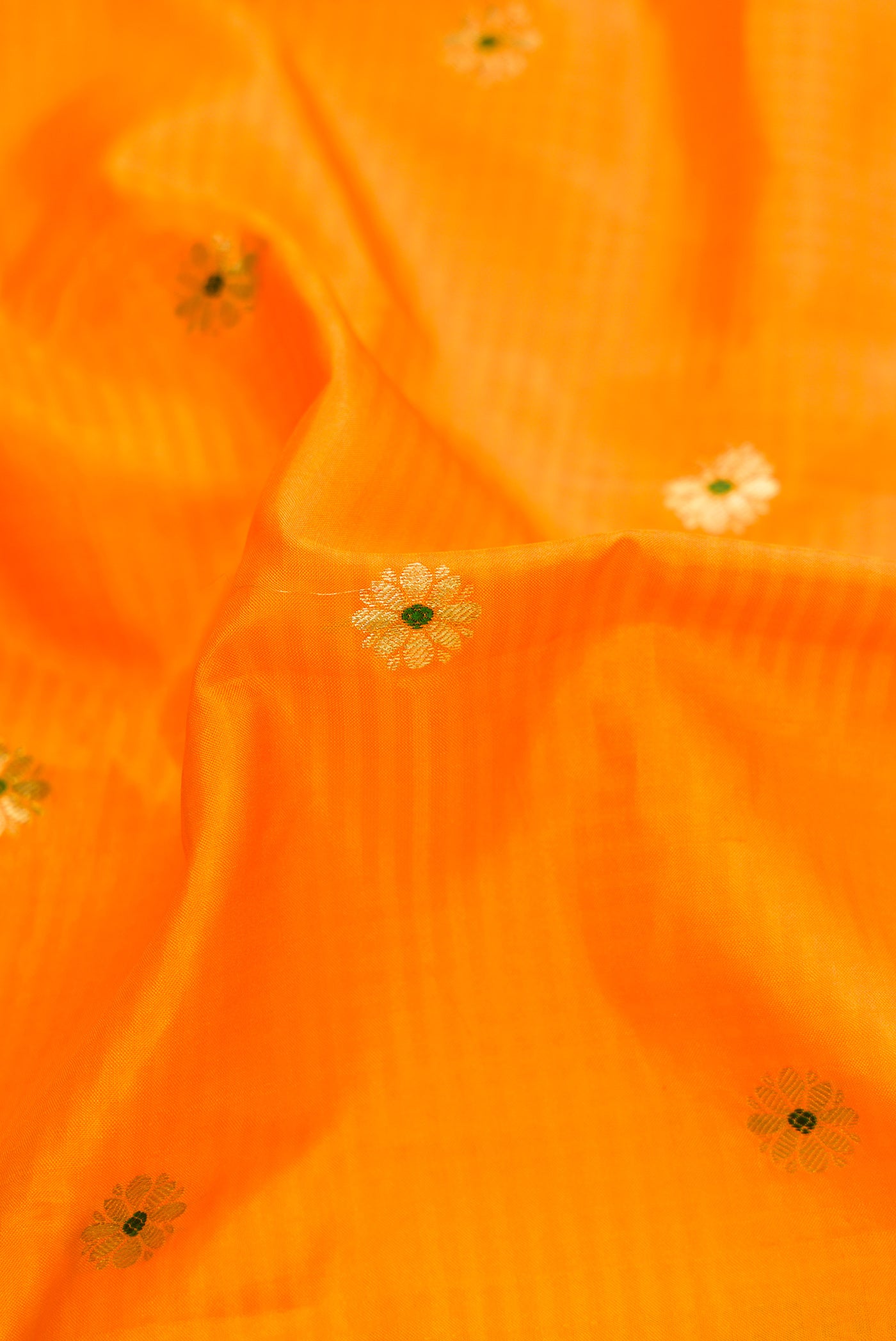 Close up of Mustard Dual Tone Gadwal Silk Saree with Zari And Thread Butta on the body and Zari Border.  displaying folds