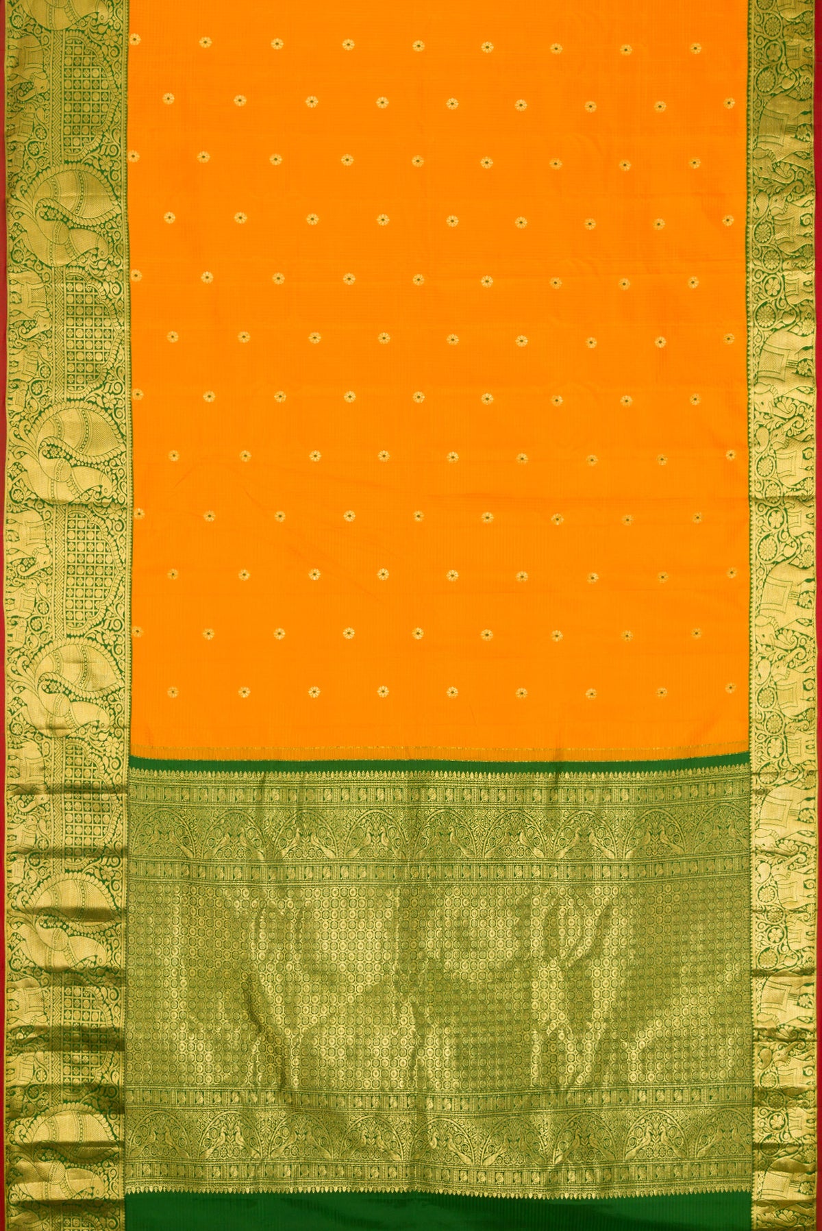 Flat view of Mustard Dual Tone Gadwal Silk Saree with Zari And Thread Butta on the body and Zari Border. 