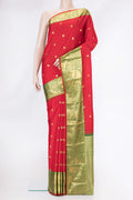 Red Dual Tone Kanchipuram Silk Saree with Zari And Thread Butta on the body and Zari Border.  displayed on a mannequin