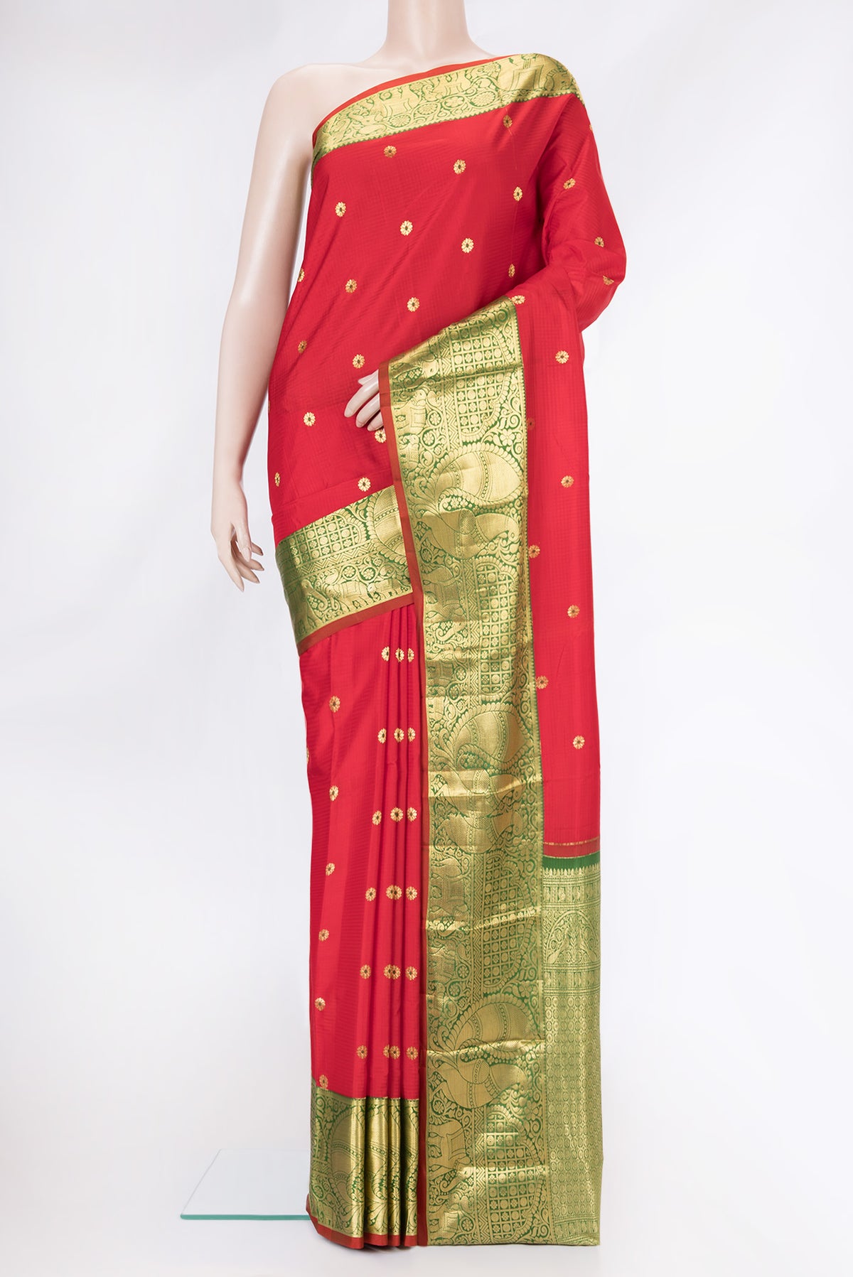 Red Dual Tone Kanchipuram Silk Saree with Zari And Thread Butta on the body and Zari Border.  displayed on a mannequin