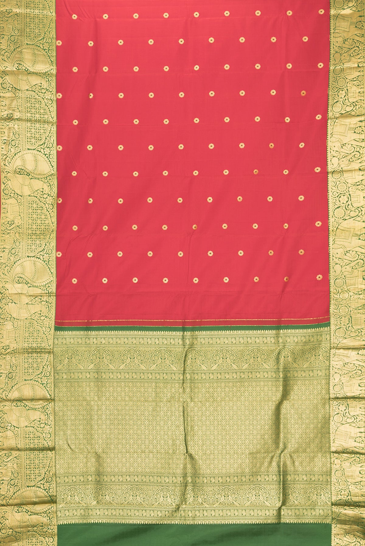 Flat view of Red Dual Tone Kanchipuram Silk Saree with Zari And Thread Butta on the body and Zari Border. 