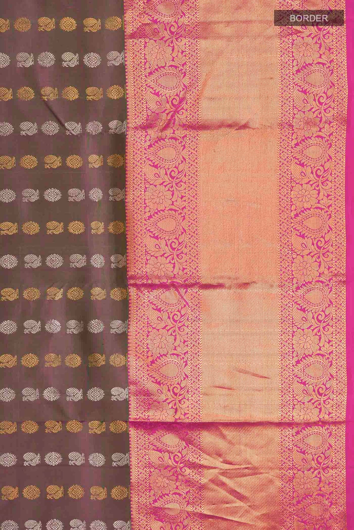 Border image of Green with Pink Color Kanchipuram Silk Saree with Zari Butta on the body and Zari Border