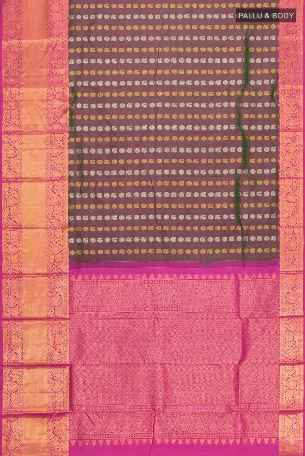 Flat view of Green with Pink Color Kanchipuram Silk Saree with Zari Butta on the body and Zari Border