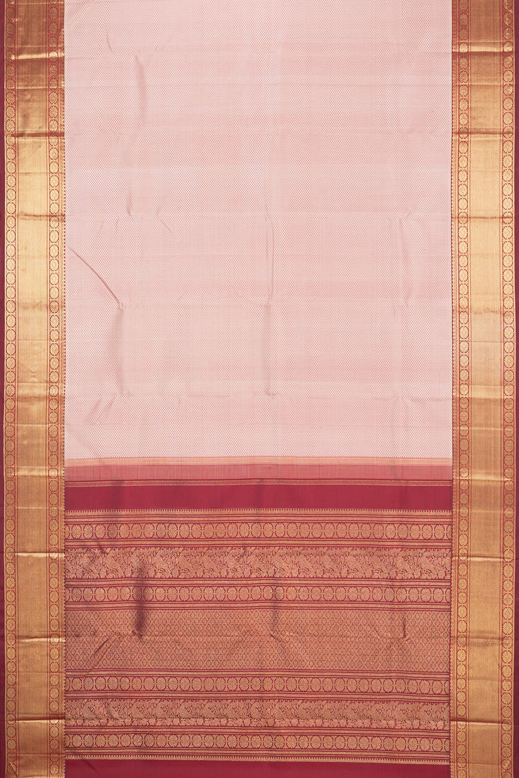 Flat view of Pure Silk Pure Zari Peach Dual Tone Kanjivaram Saree with Jacquard design on the body and Zari Border. 