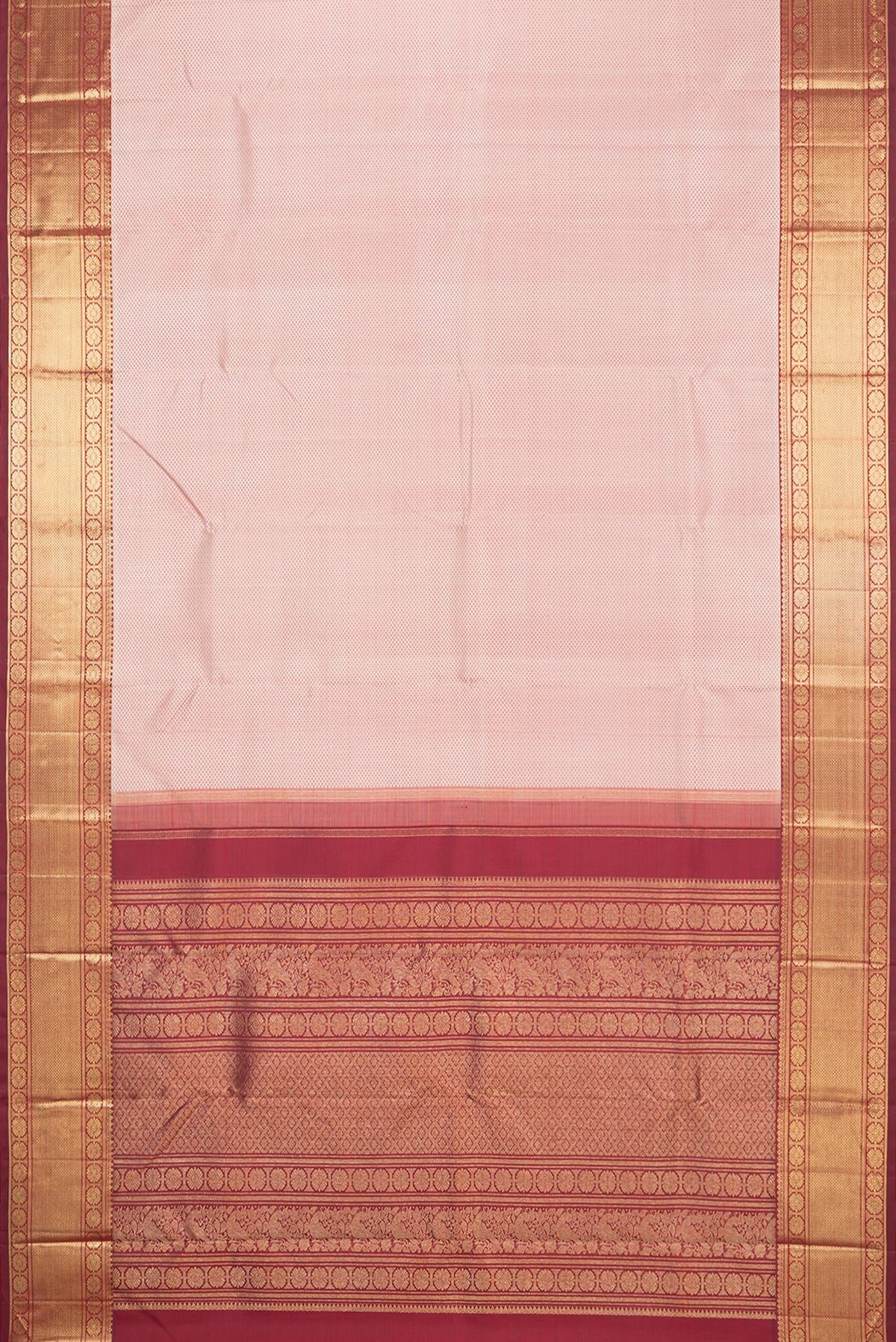Flat view of Pure Silk Pure Zari Peach Dual Tone Kanjivaram Saree with Jacquard design on the body and Zari Border. 