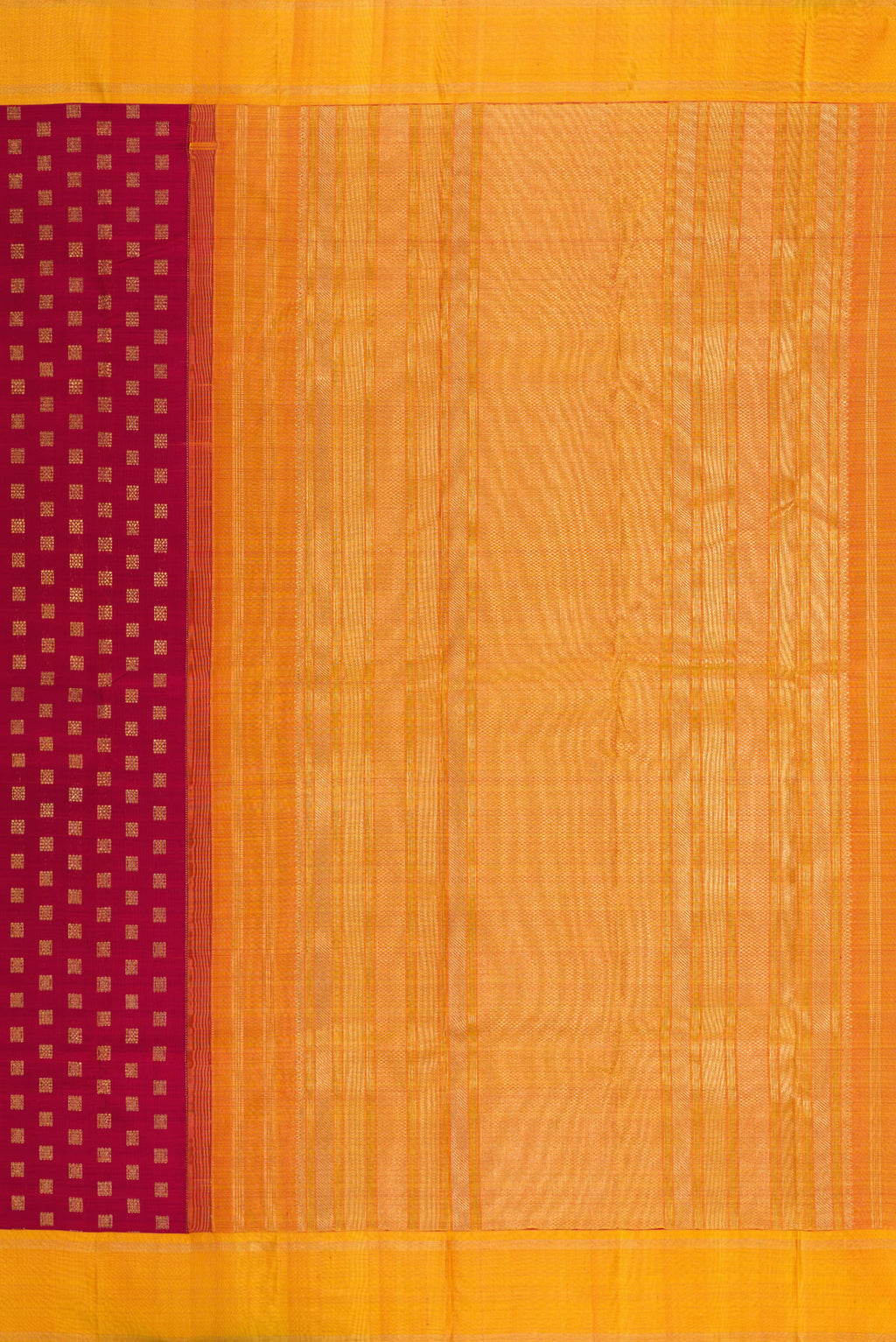 Close up image of the pallu of Pure Silk Pure Zari Maroon Kanchipuram Saree with Zari Butta on the body and Plain Border. 