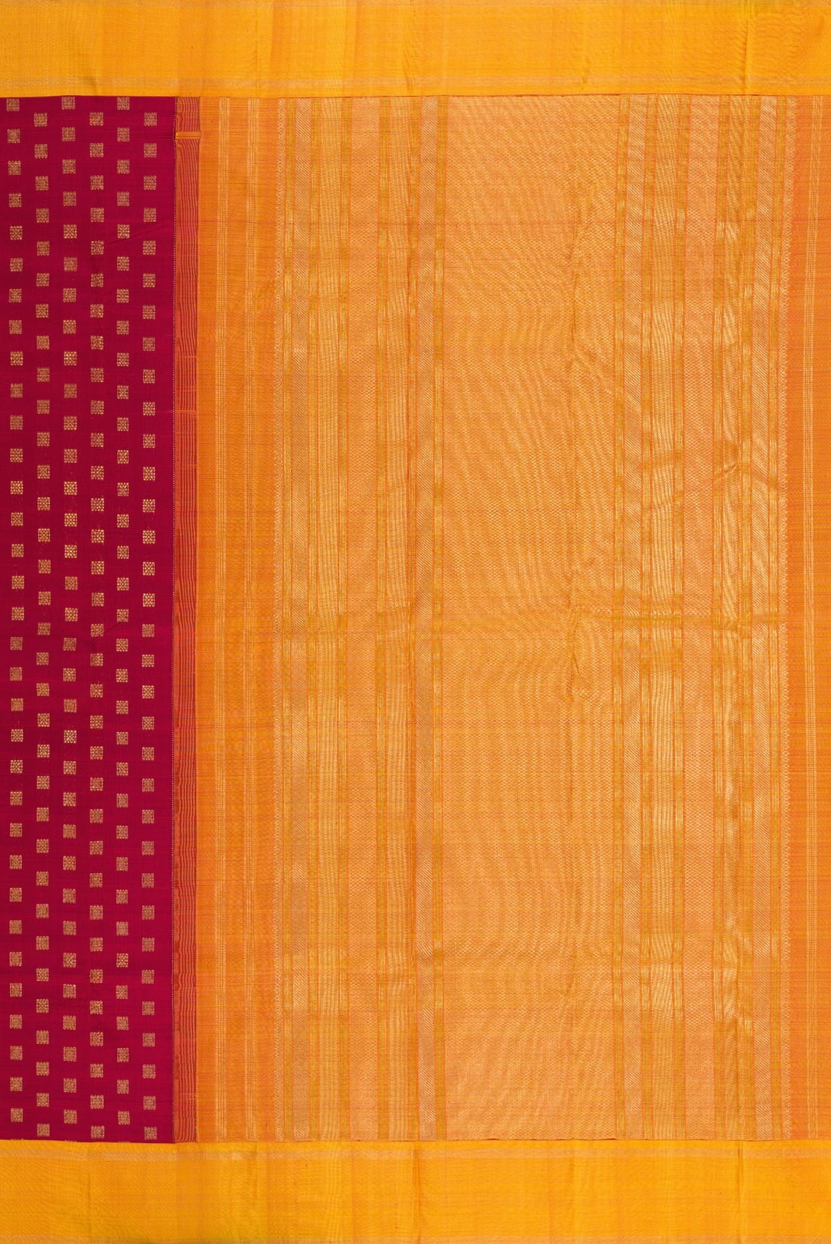 Close up image of the pallu of Pure Silk Pure Zari Maroon Kanchipuram Saree with Zari Butta on the body and Plain Border. 