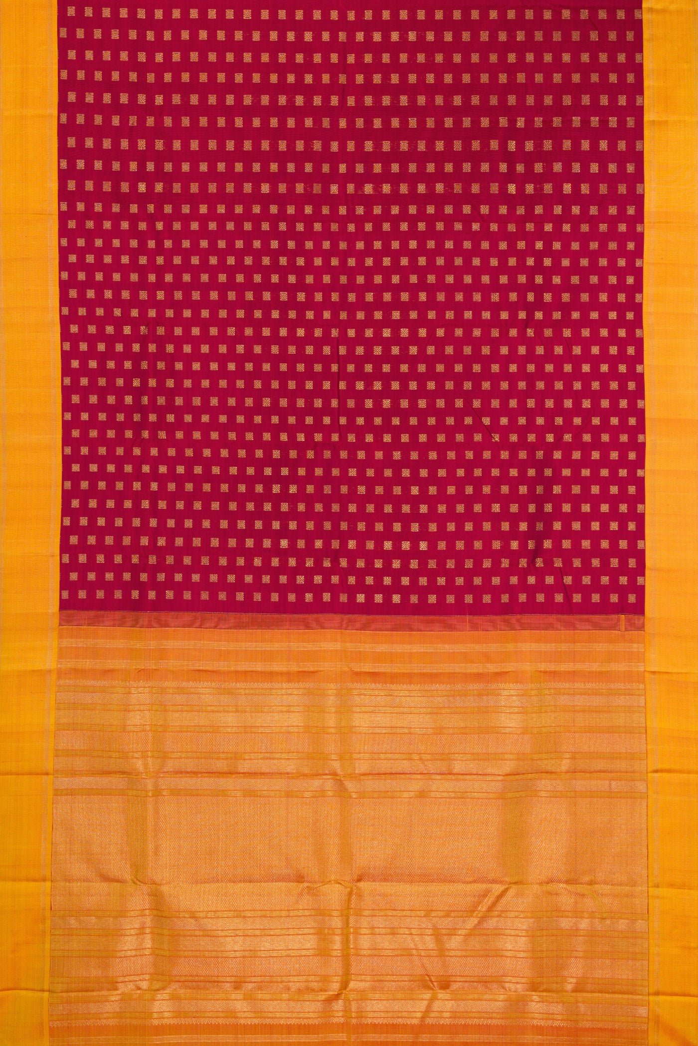Flat view of Pure Silk Pure Zari Maroon Kanchipuram Saree with Zari Butta on the body and Plain Border. 