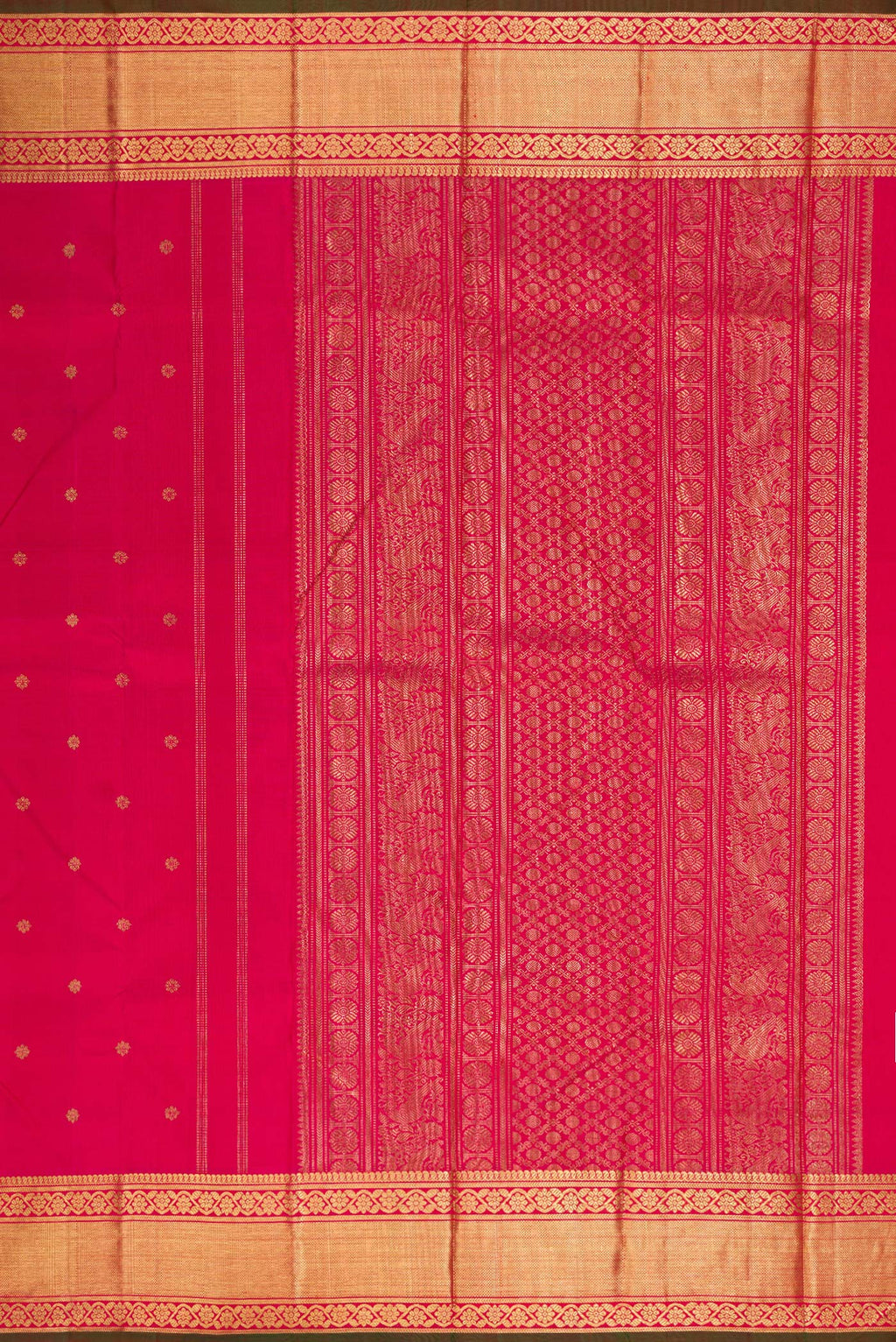 Close up image of the pallu of Pure Silk Pure Zari Dark Pink Dual Tone Kanchipuram Saree with Zari Butta on the body and Zari Border. 