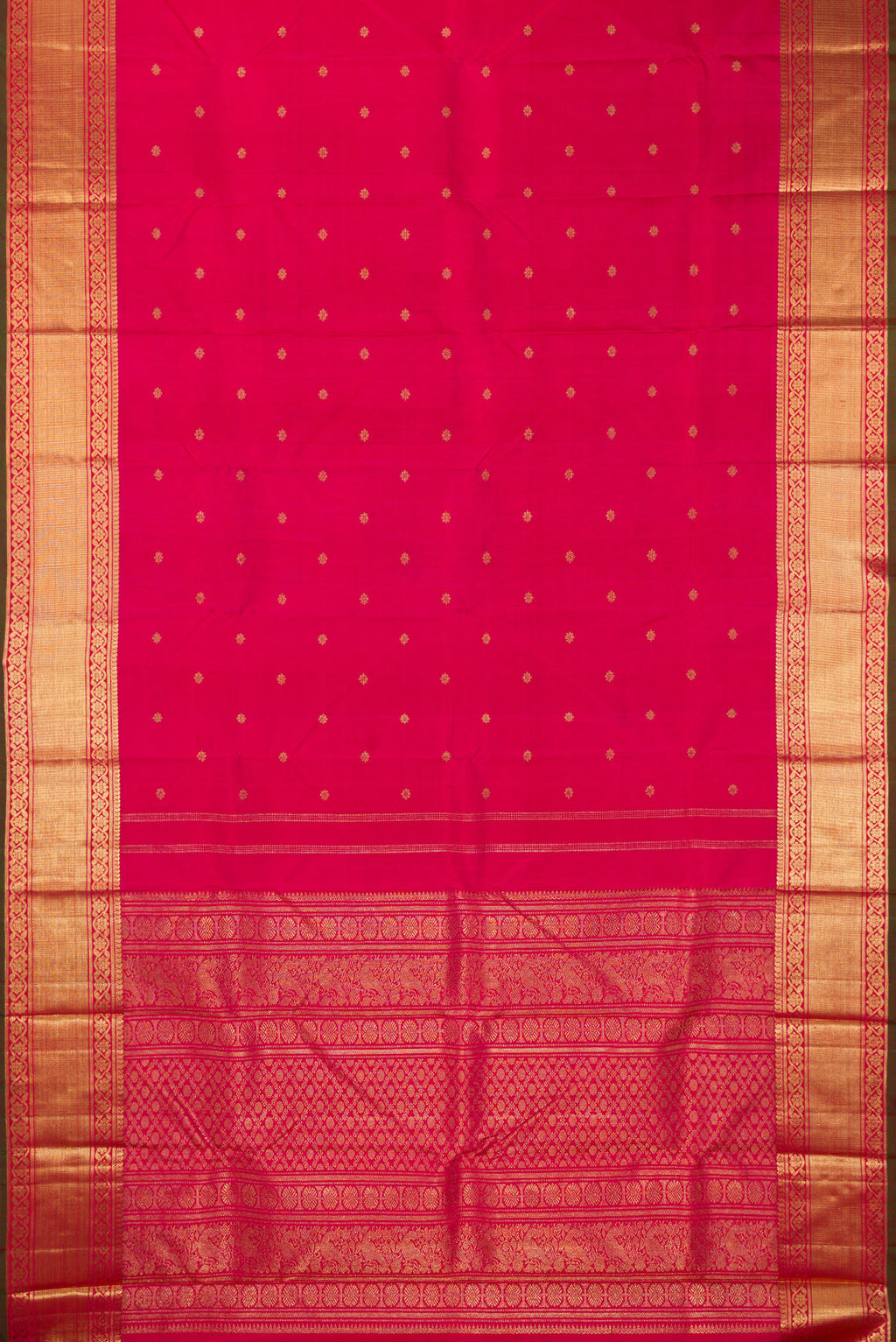Flat view of Pure Silk Pure Zari Dark Pink Dual Tone Kanchipuram Saree with Zari Butta on the body and Zari Border. 