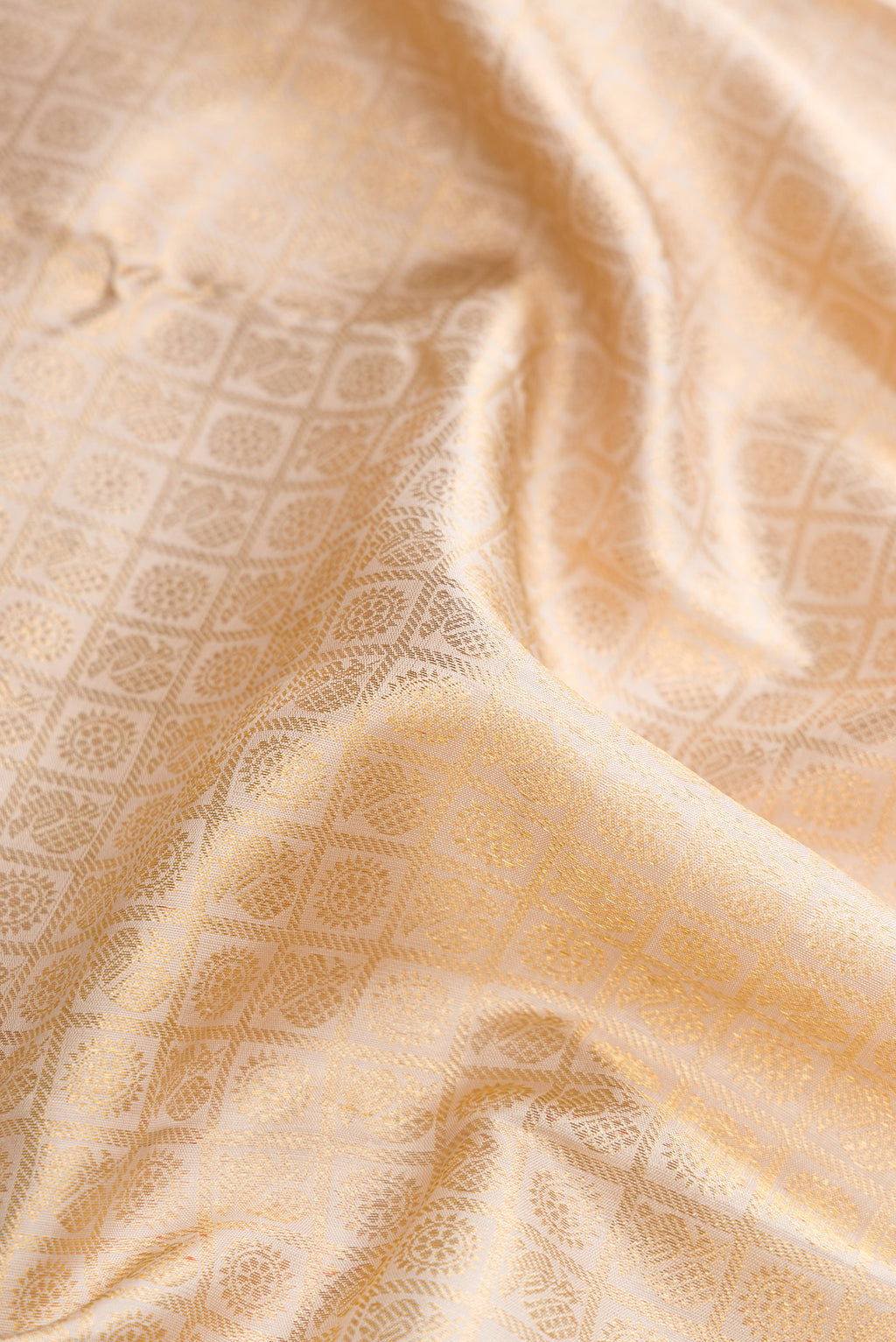 Close up of Pure Silk Pure Zari Dark Beige Dual Tone Kanjivaram Saree with Zari Brocade on the body and Zari Border.  displaying folds