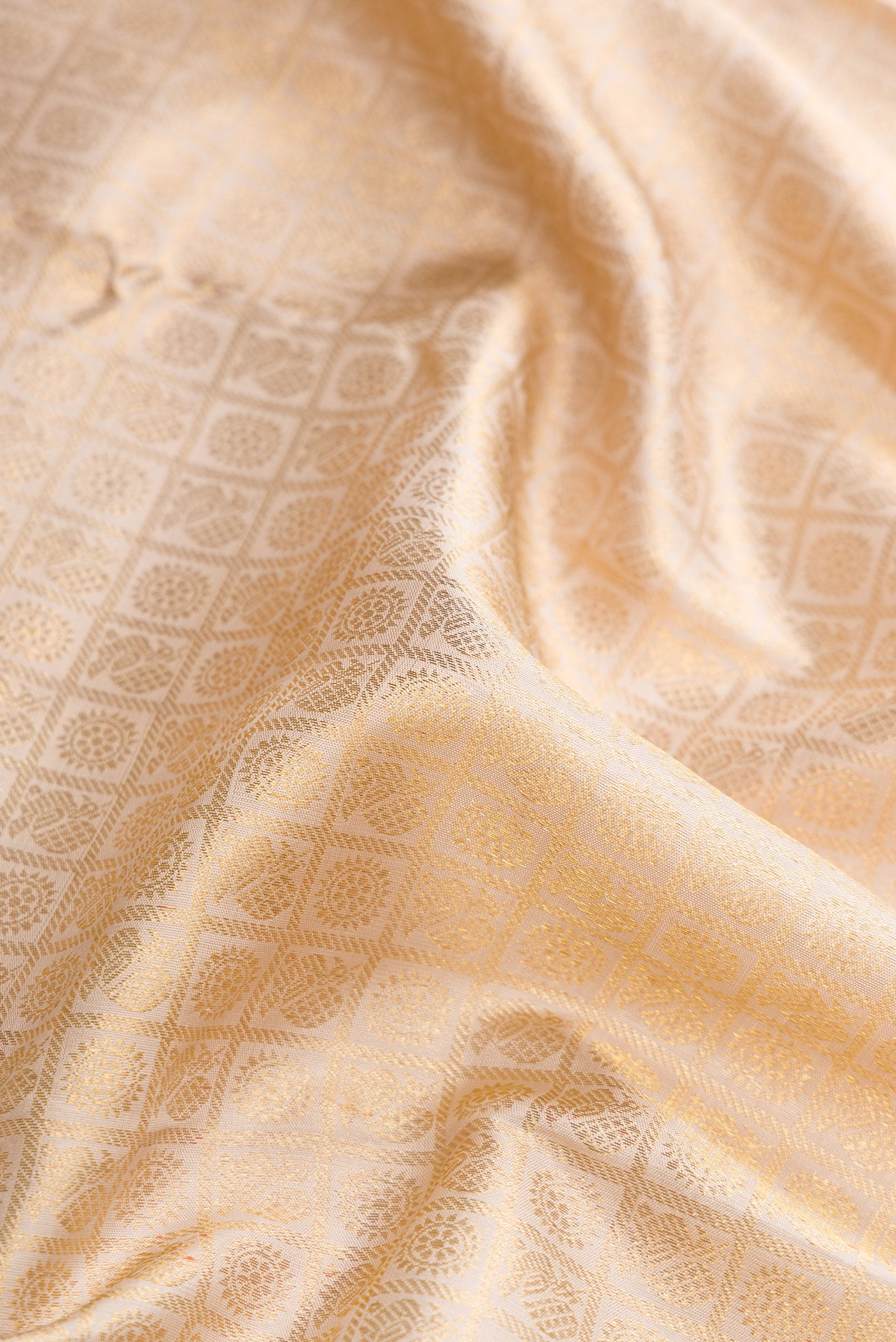 Close up of Pure Silk Pure Zari Dark Beige Dual Tone Kanjivaram Saree with Zari Brocade on the body and Zari Border.  displaying folds