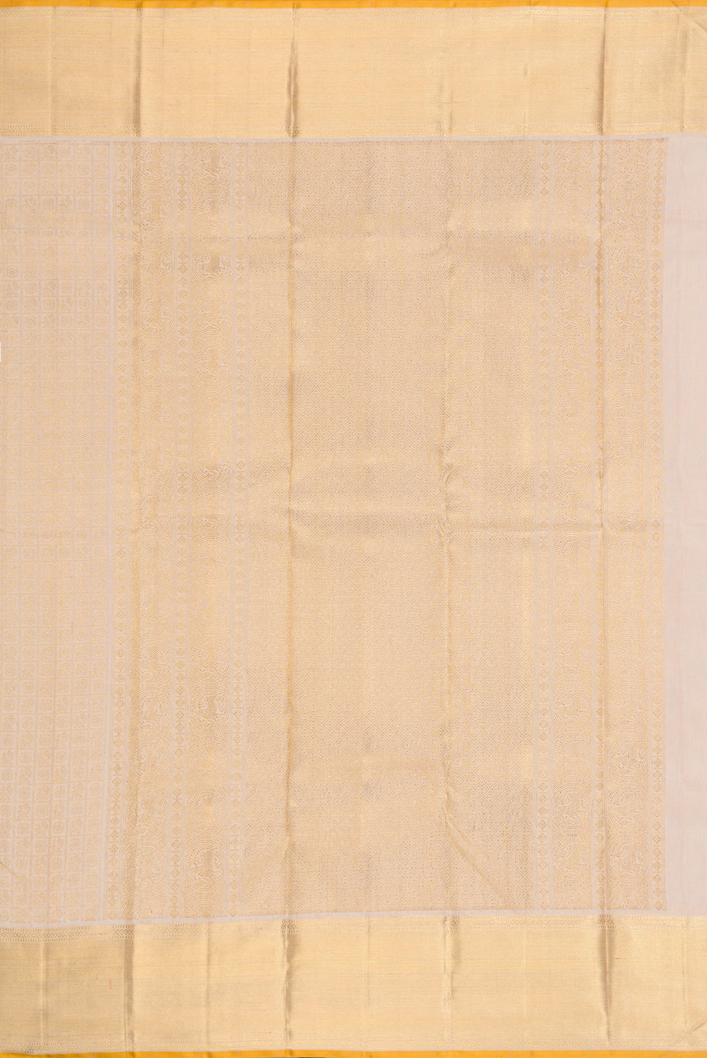 Close up image of the pallu of Pure Silk Pure Zari Dark Beige Dual Tone Kanjivaram Saree with Zari Brocade on the body and Zari Border. 
