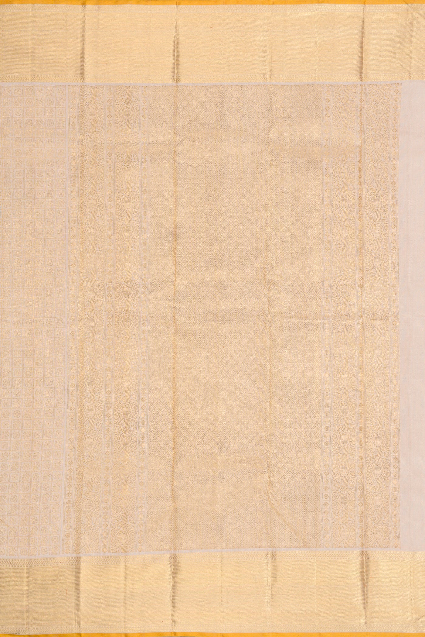 Close up image of the pallu of Pure Silk Pure Zari Dark Beige Dual Tone Kanjivaram Saree with Zari Brocade on the body and Zari Border. 