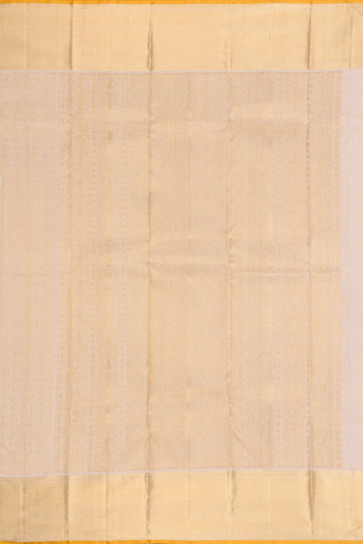 Close up image of the pallu of Pure Silk Pure Zari Dark Beige Dual Tone Kanjivaram Saree with Zari Brocade on the body and Zari Border. 