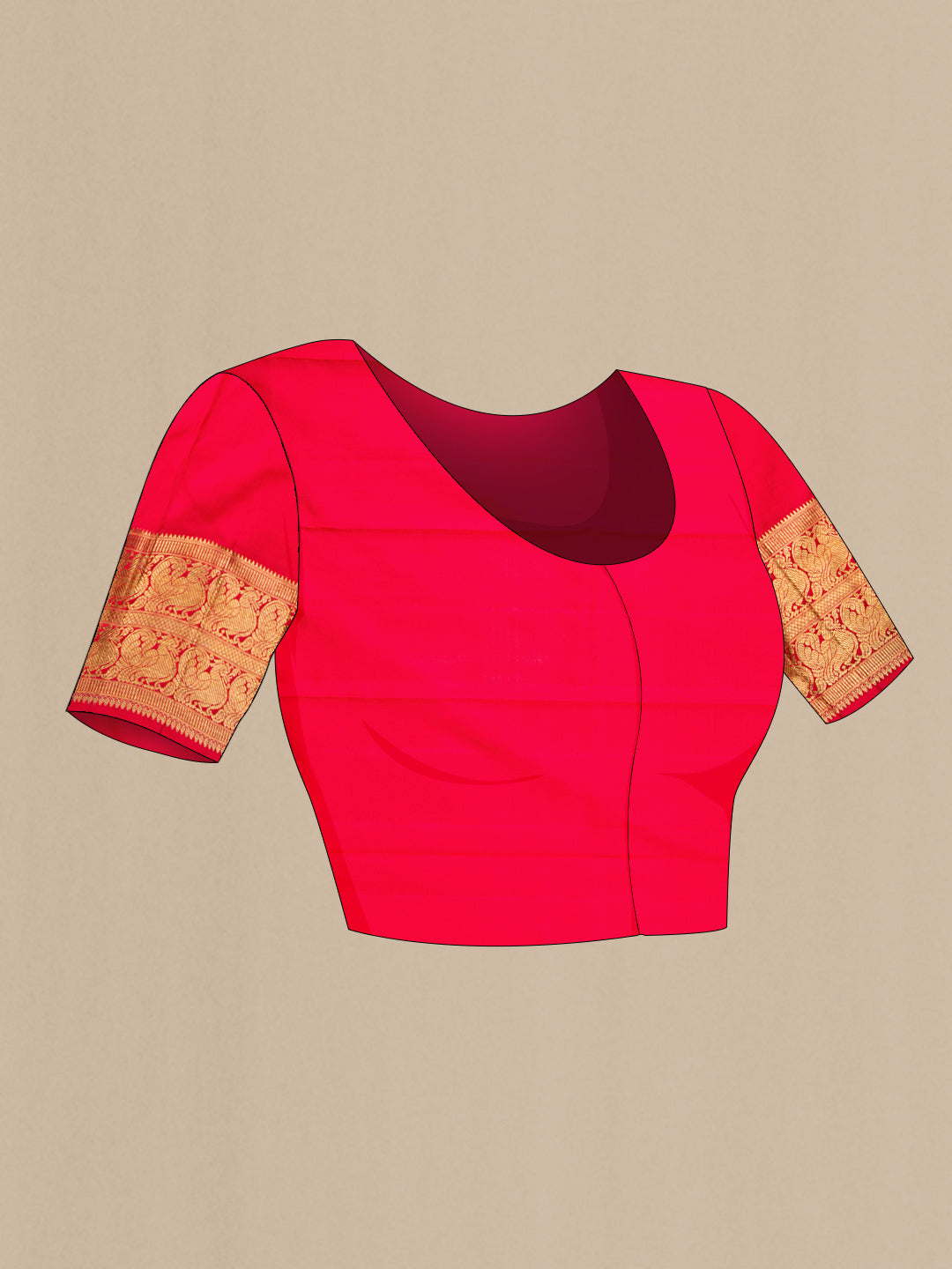 Close up image of the blouse of Pure Silk Pure Zari Red Dual Tone Kanjivaram Saree with Zari Brocade on the body and Zari Border. 