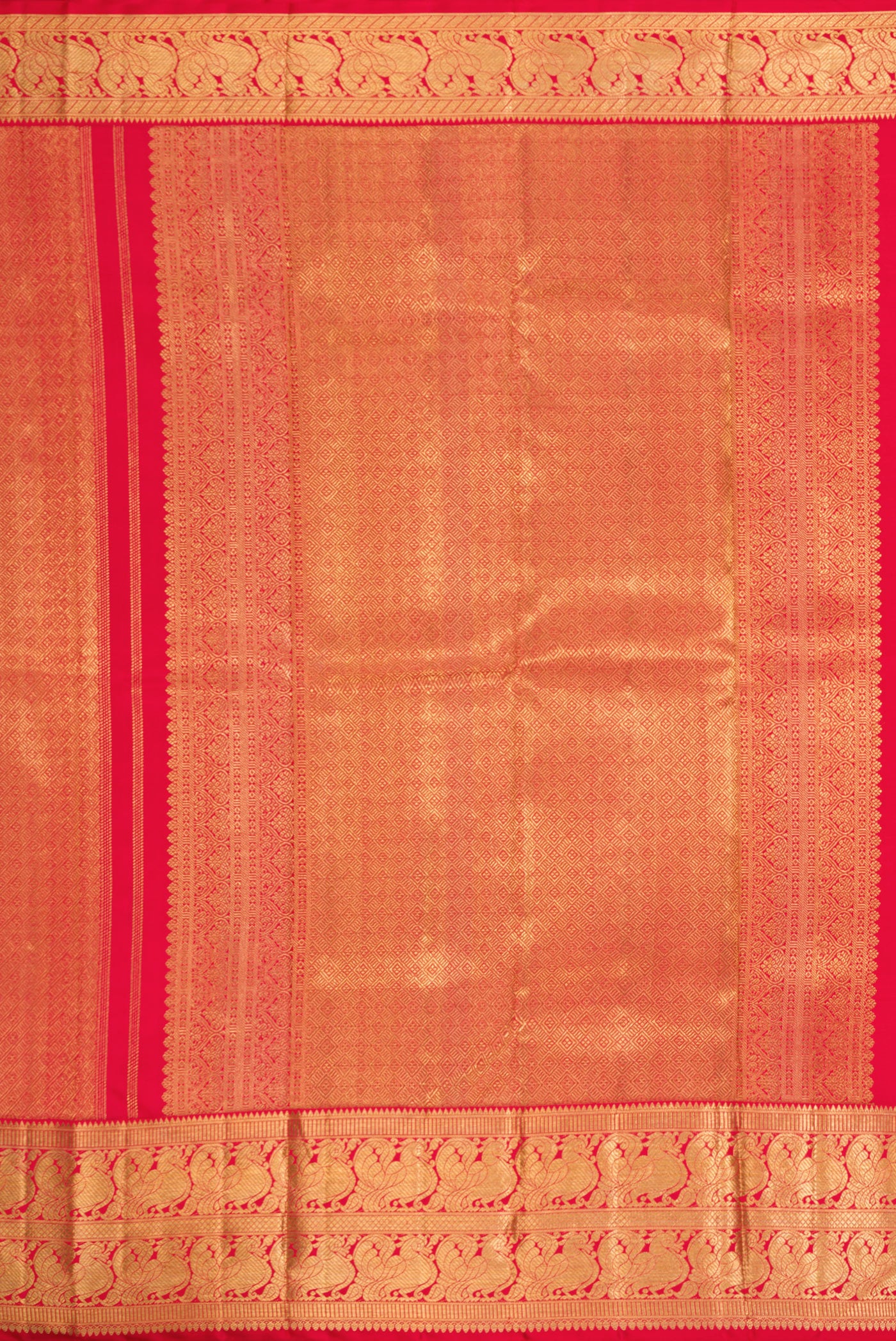 Close up image of the pallu of Pure Silk Pure Zari Red Dual Tone Kanjivaram Saree with Zari Brocade on the body and Zari Border. 