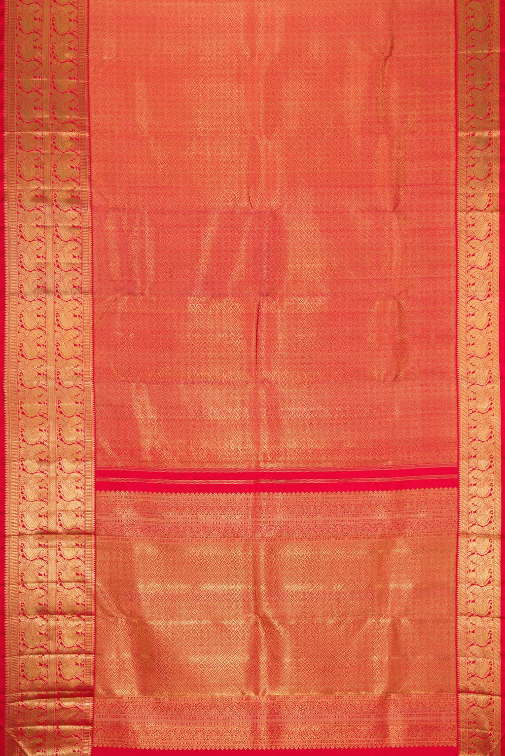 Flat view of Pure Silk Pure Zari Red Dual Tone Kanjivaram Saree with Zari Brocade on the body and Zari Border. 