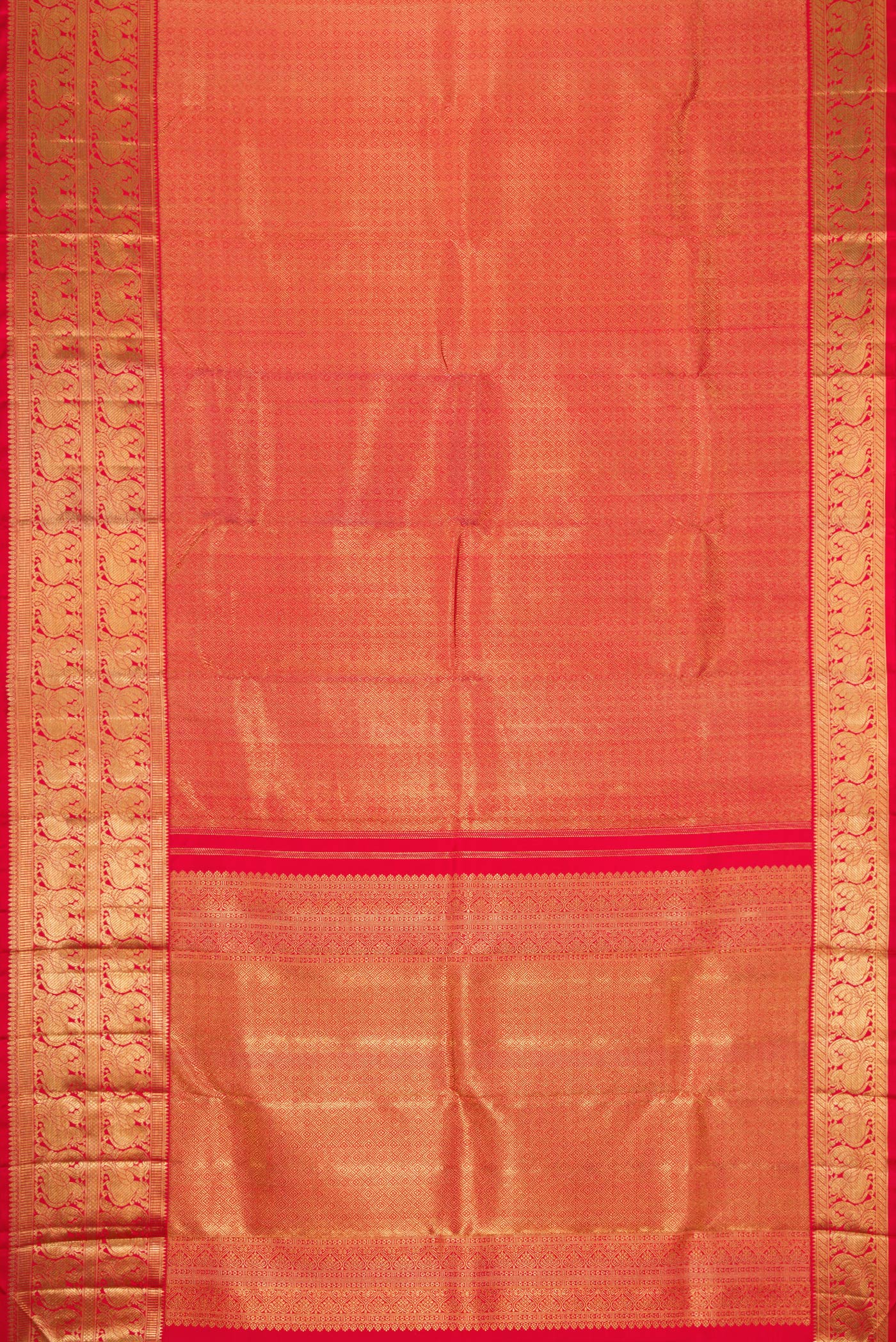 Flat view of Pure Silk Pure Zari Red Dual Tone Kanjivaram Saree with Zari Brocade on the body and Zari Border. 
