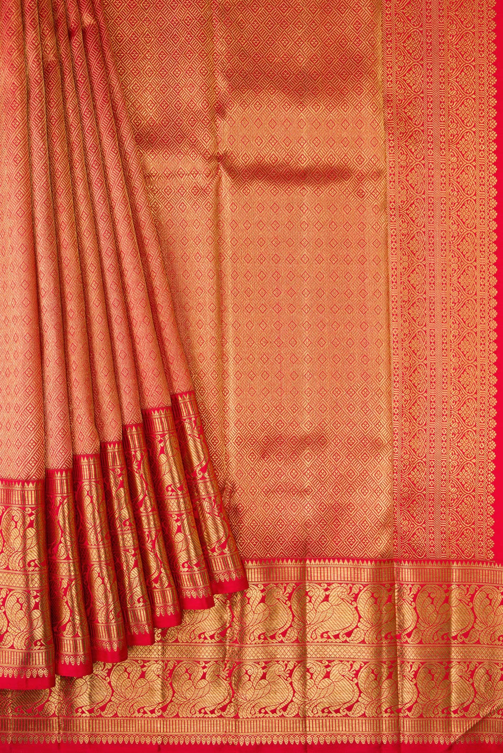 Pleats and pallu of Pure Silk Pure Zari Red Dual Tone Kanjivaram Saree with Zari Brocade on the body and Zari Border. 