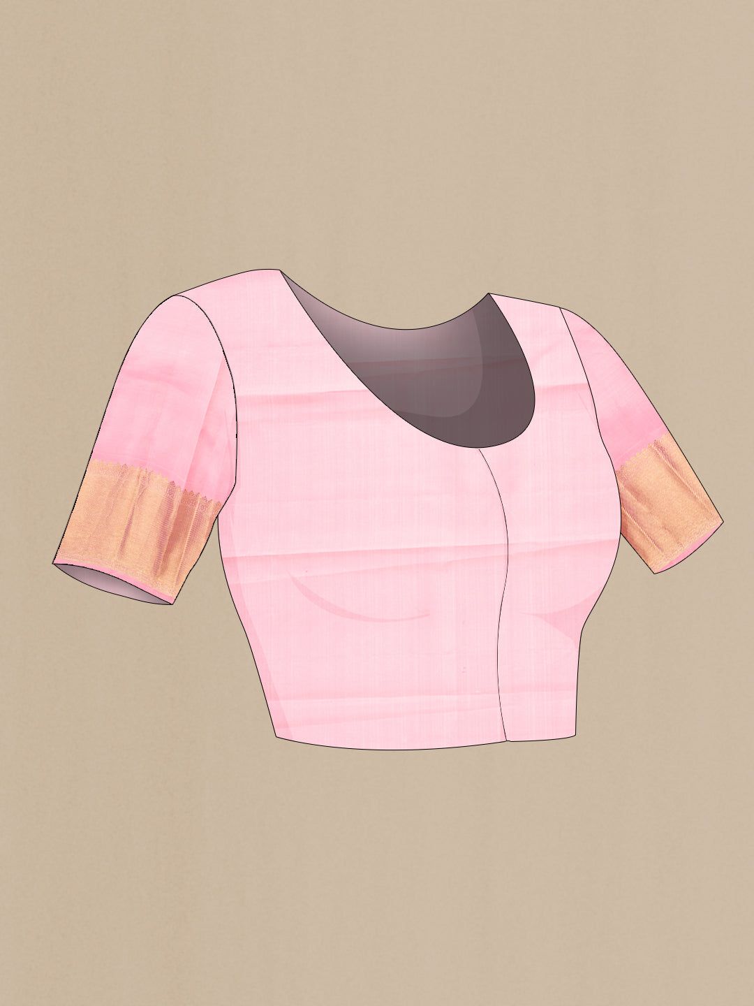 Close up image of the blouse of Pure Silk Pure Zari Maroon Dual Tone Kanjivaram Saree with Zari Brocade on the body and Zari Border. 