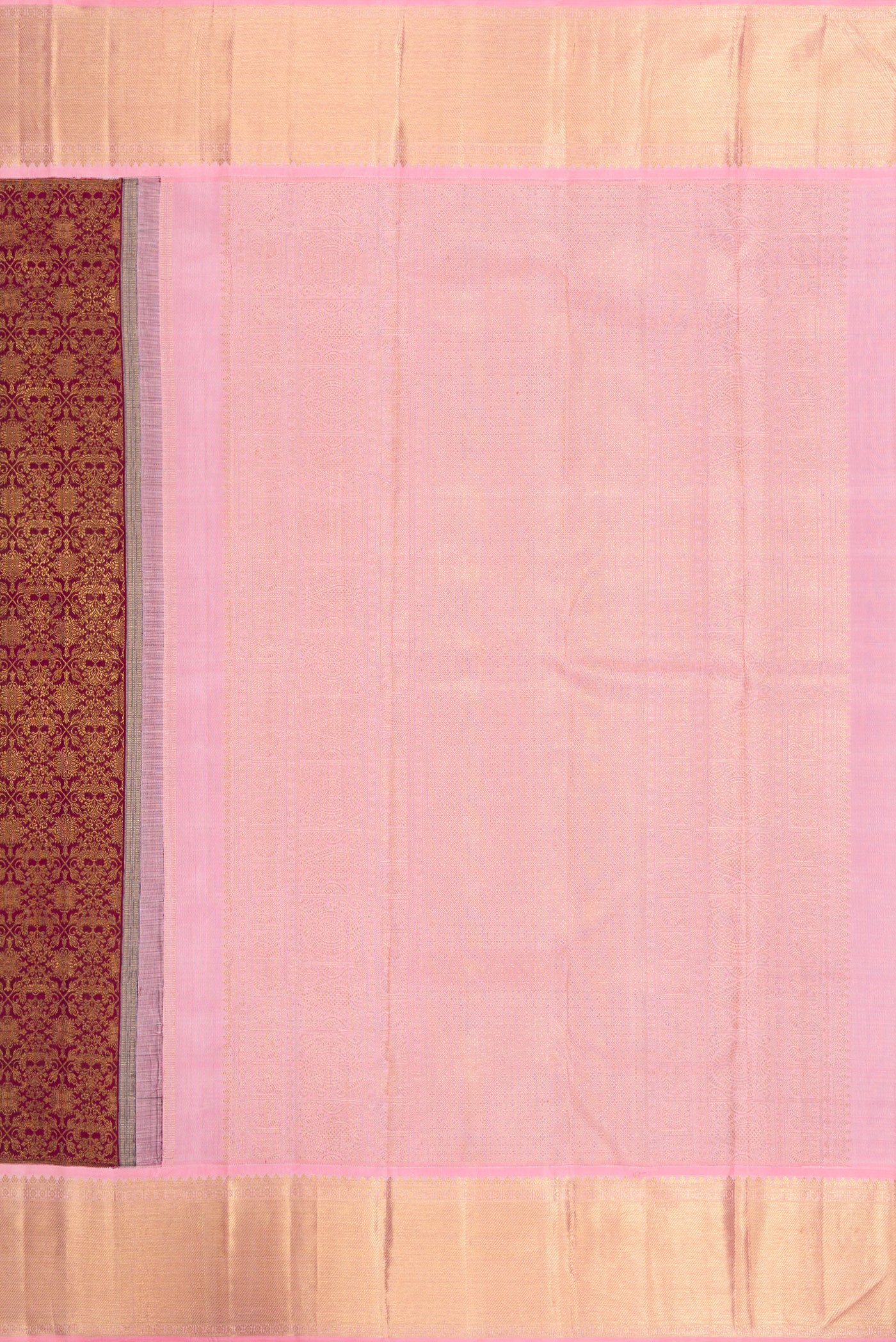 Close up image of the pallu of Pure Silk Pure Zari Maroon Dual Tone Kanjivaram Saree with Zari Brocade on the body and Zari Border. 
