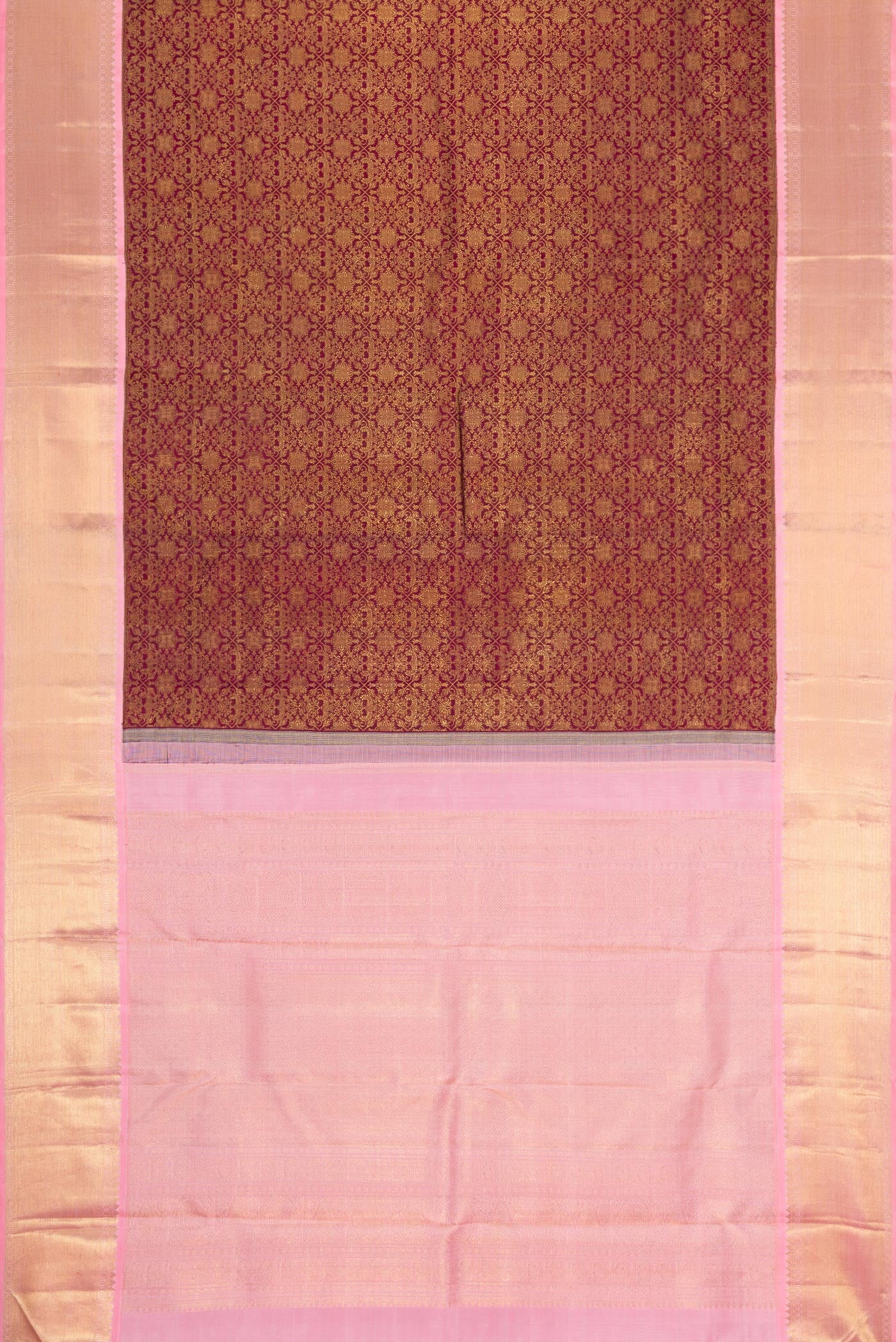 Flat view of Pure Silk Pure Zari Maroon Dual Tone Kanjivaram Saree with Zari Brocade on the body and Zari Border. 