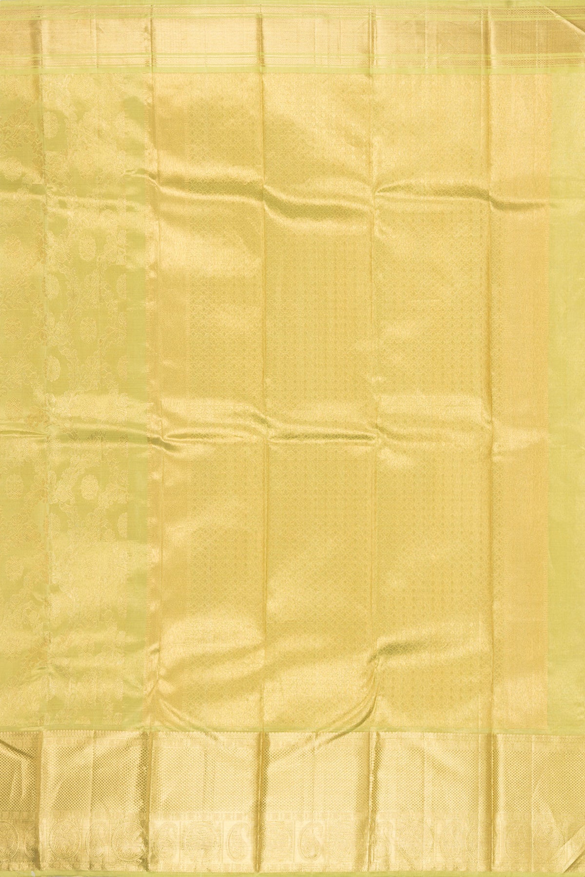 Close up image of the pallu of Gold Kanchipuram Tissue Saree with Zari Brocade on the body and Zari Border. 