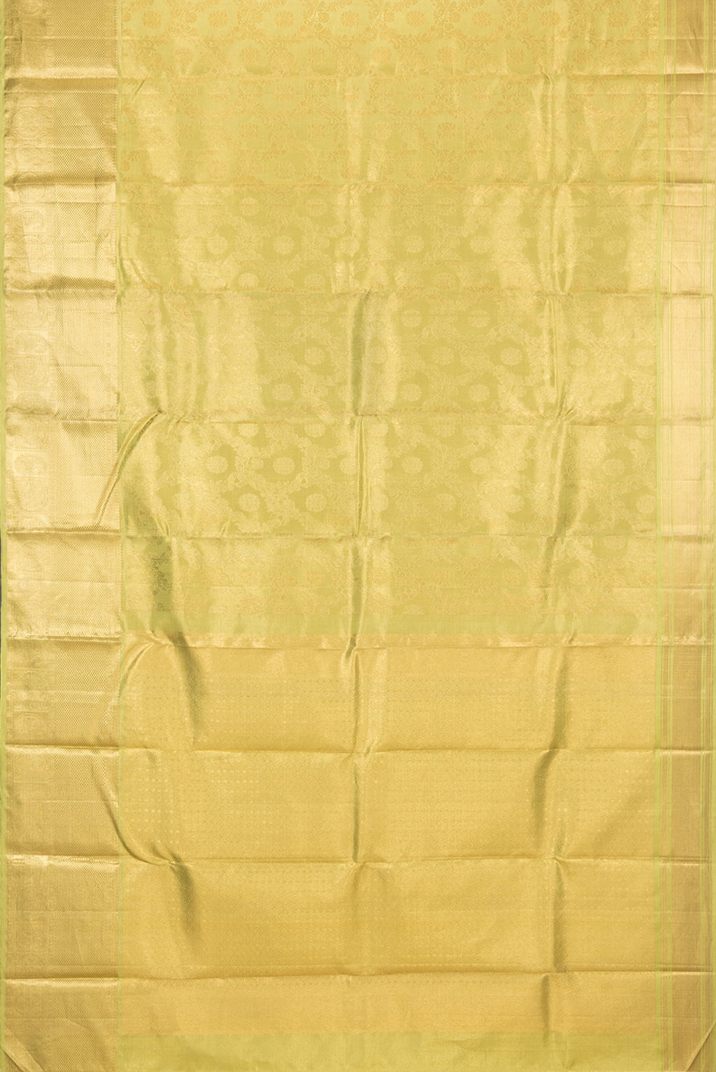 Flat view of Gold Kanchipuram Tissue Saree with Zari Brocade on the body and Zari Border. 