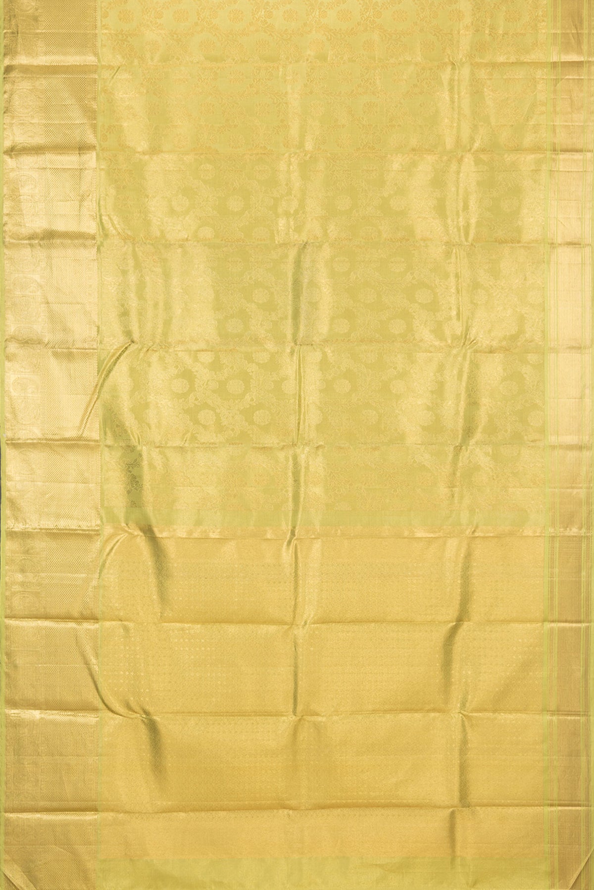 Flat view of Gold Kanchipuram Tissue Saree with Zari Brocade on the body and Zari Border. 