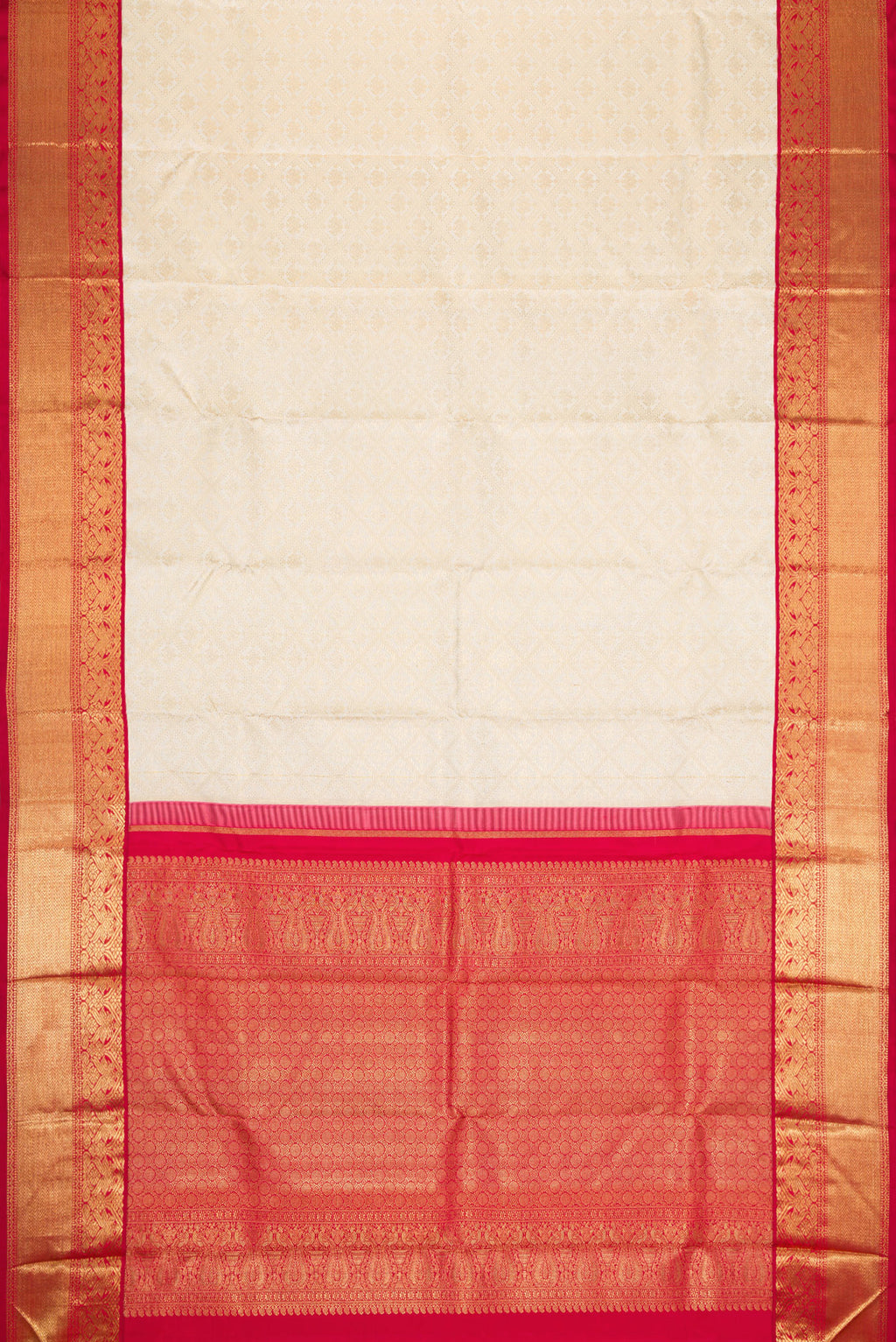 Flat view of Pure Silk Pure Zari Off White Dual Tone Kanjivaram Saree with Zari Brocade on the body and Zari Border. 