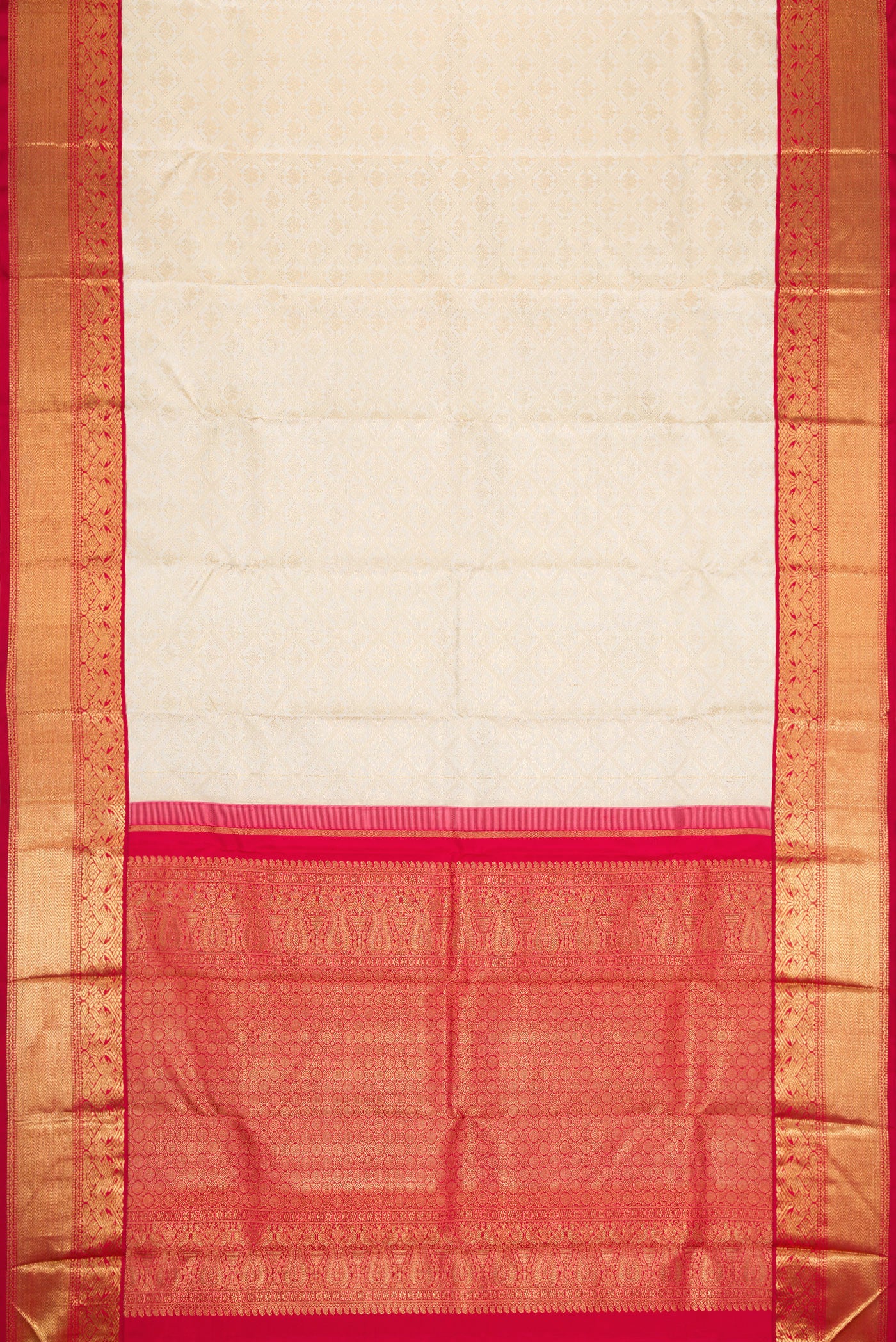 Flat view of Pure Silk Pure Zari Off White Dual Tone Kanjivaram Saree with Zari Brocade on the body and Zari Border. 