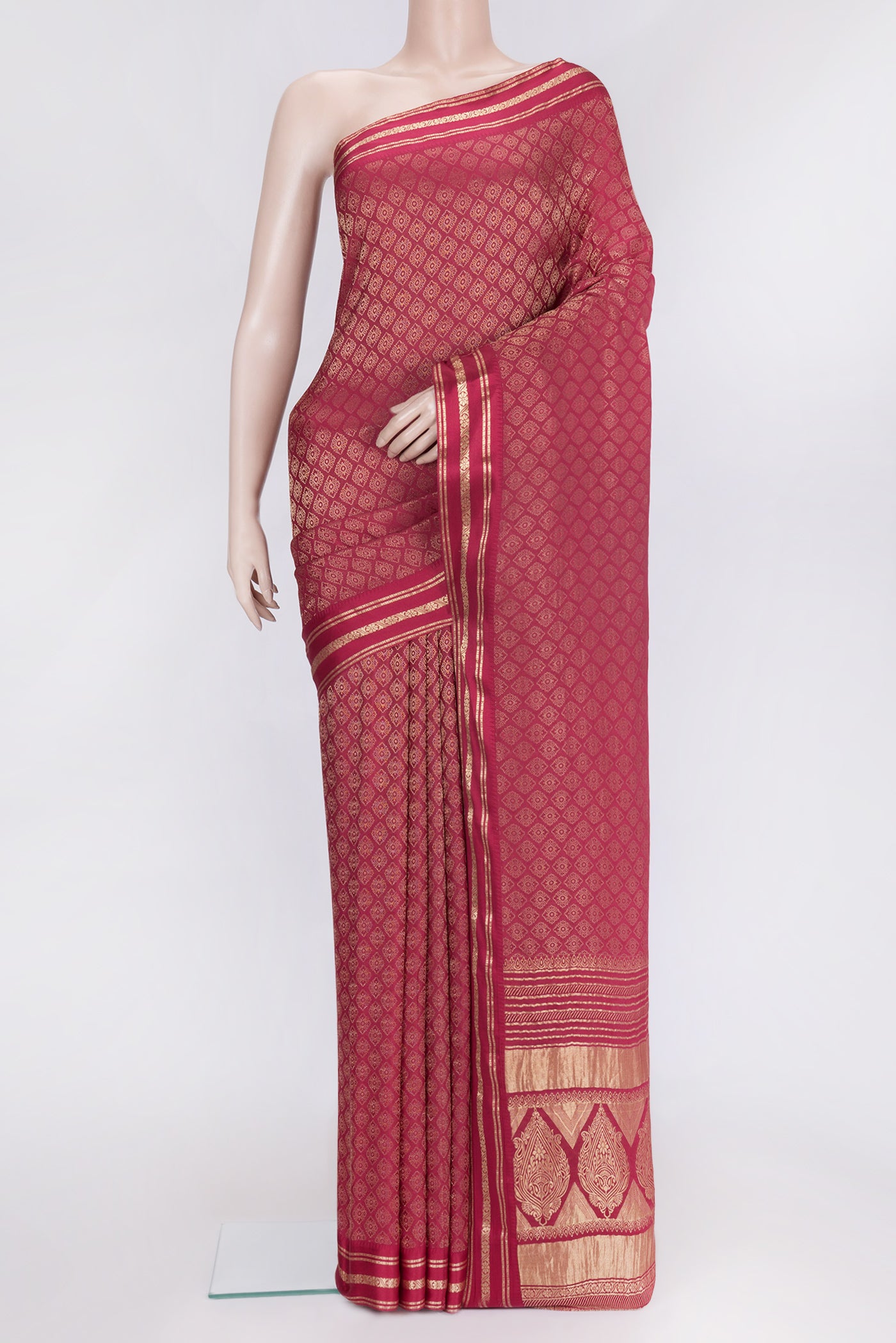 Pink Dual Tone Mysore Georgette Saree with Zari Brocade on the body and Zari Border.  displayed on a mannequin
