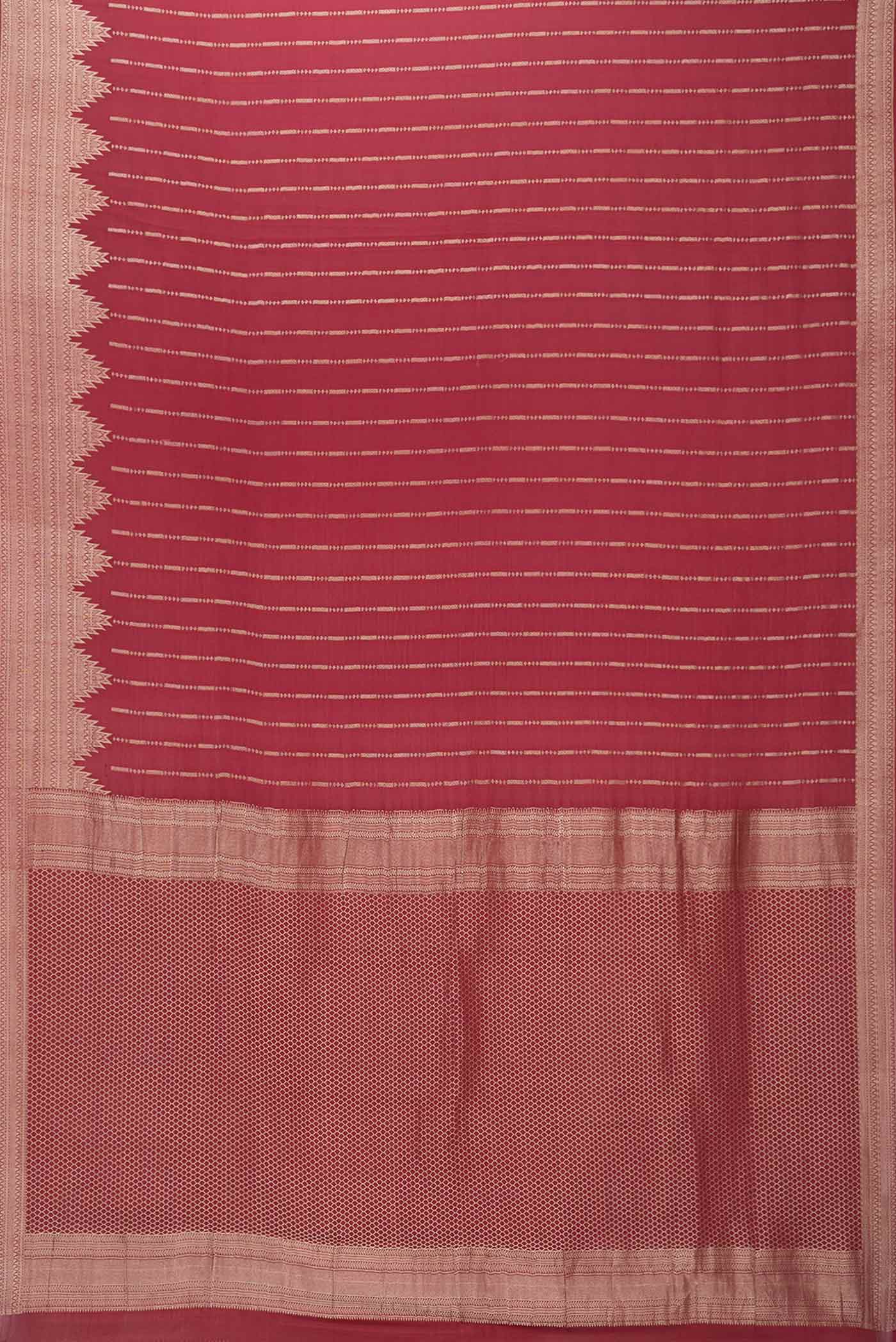 Flat view of Maroon Mysore Crepe Saree with Stripes on the body and Fancy Border