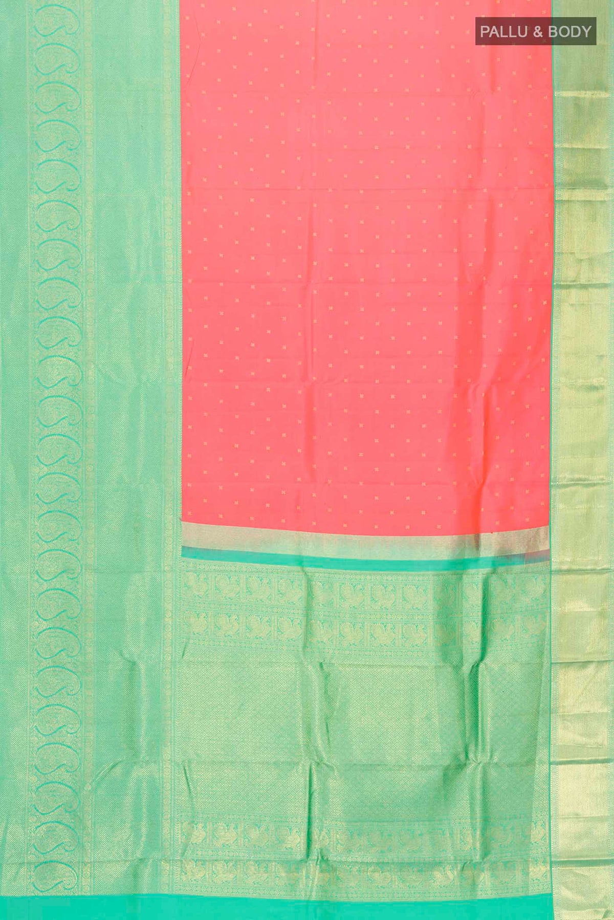 Flat view of Pink Kanchipuram Silk Saree with Zari Butta on the body and Zari Border