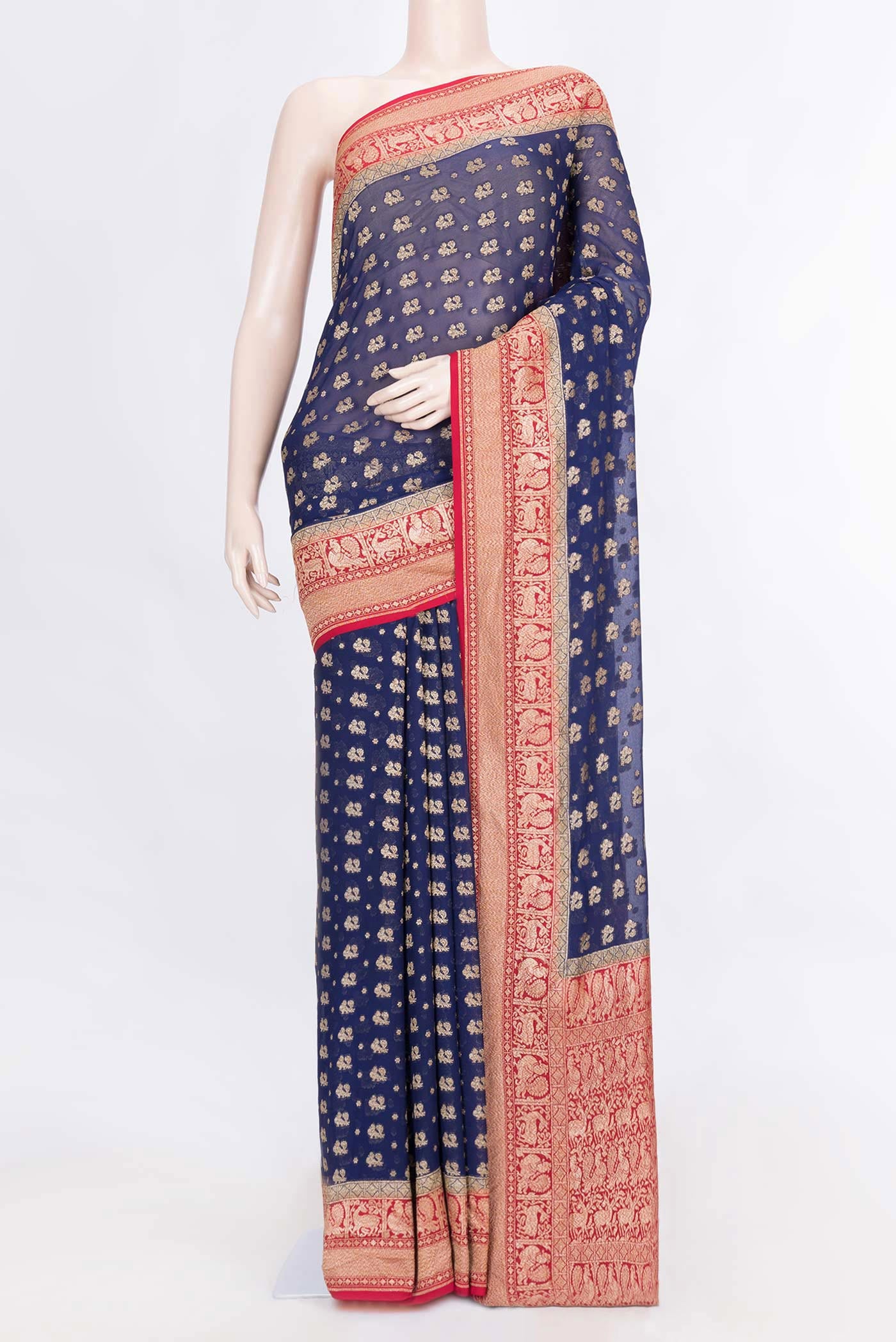 Royal Blue Dual Tone Banarasi Georgette Saree with Zari Brocade on the body and Zari Border displayed on a mannequin