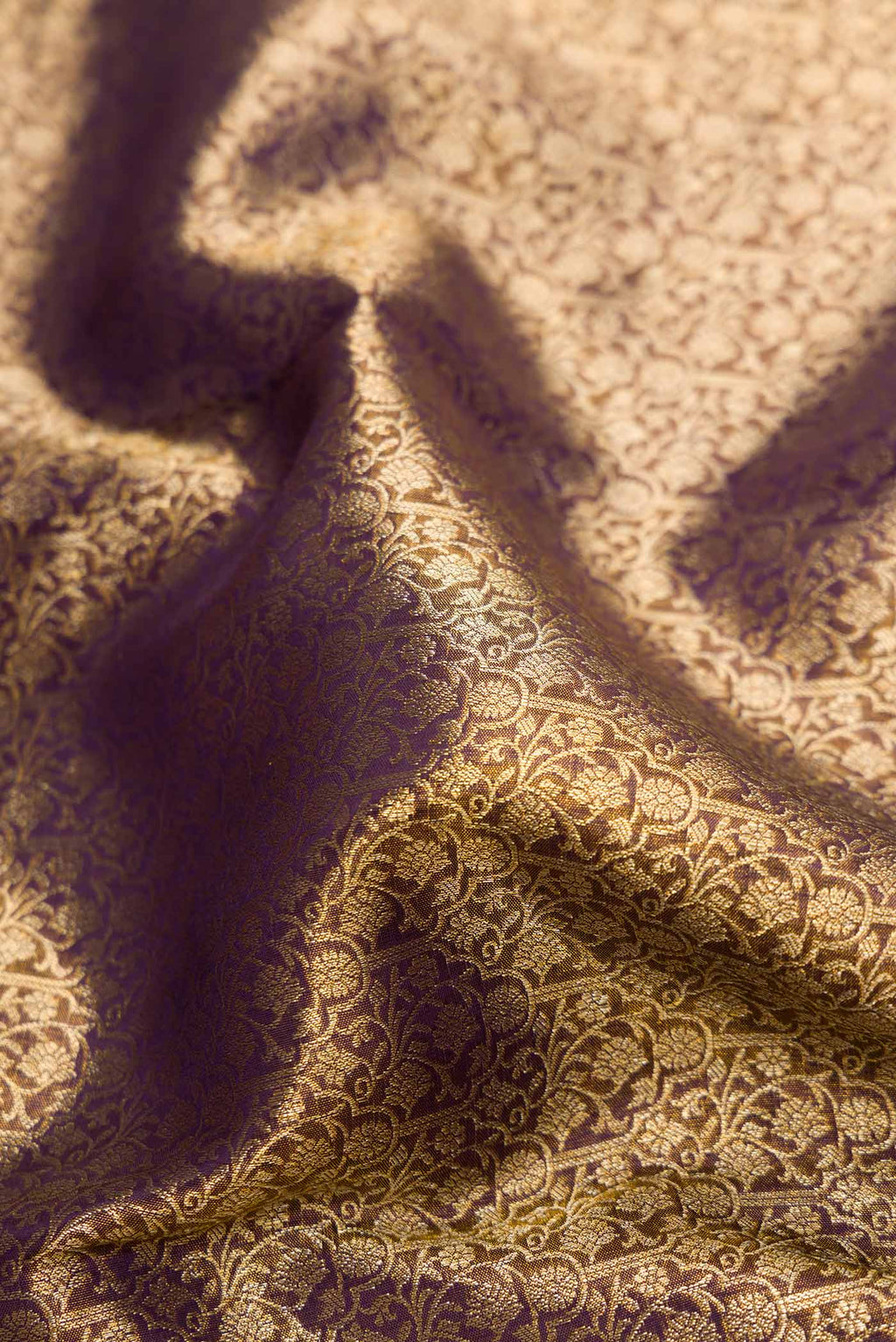 Close up of Coffee Brown Dual Tone Kanchipuram Silk Saree with Zari Brocade on the body and Zari Border.  displaying folds