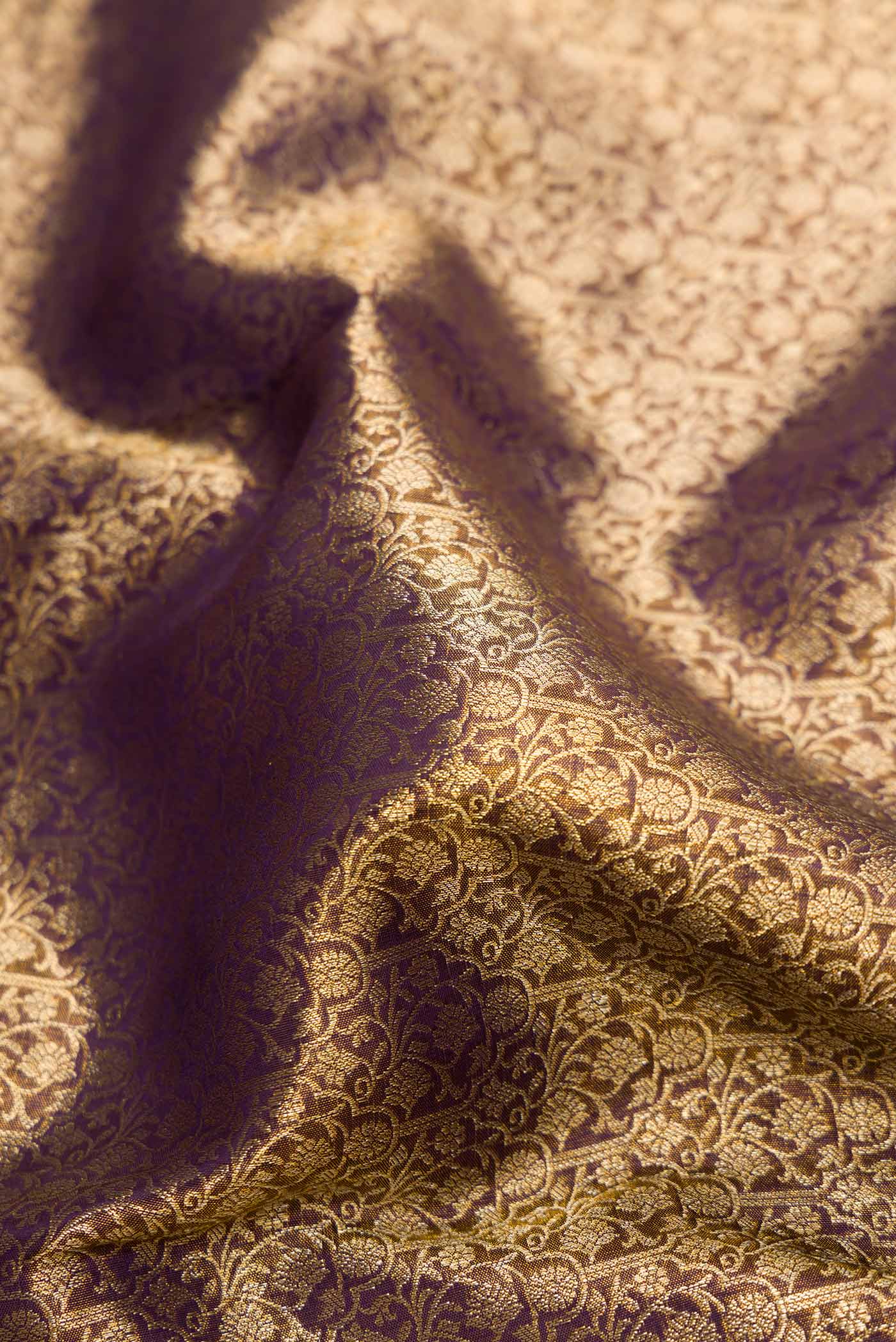 Close up of Coffee Brown Dual Tone Kanchipuram Silk Saree with Zari Brocade on the body and Zari Border.  displaying folds